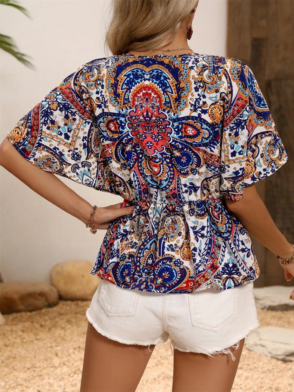 Printed Surplice Half Sleeve Blouse, image 2