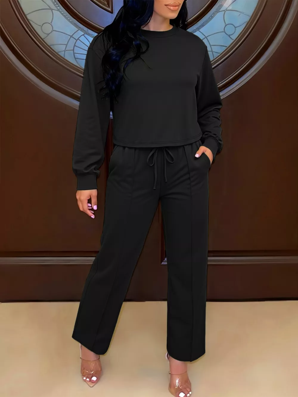 Solid Color Long Sleeve Top & Wide Leg Pants Set, image 10