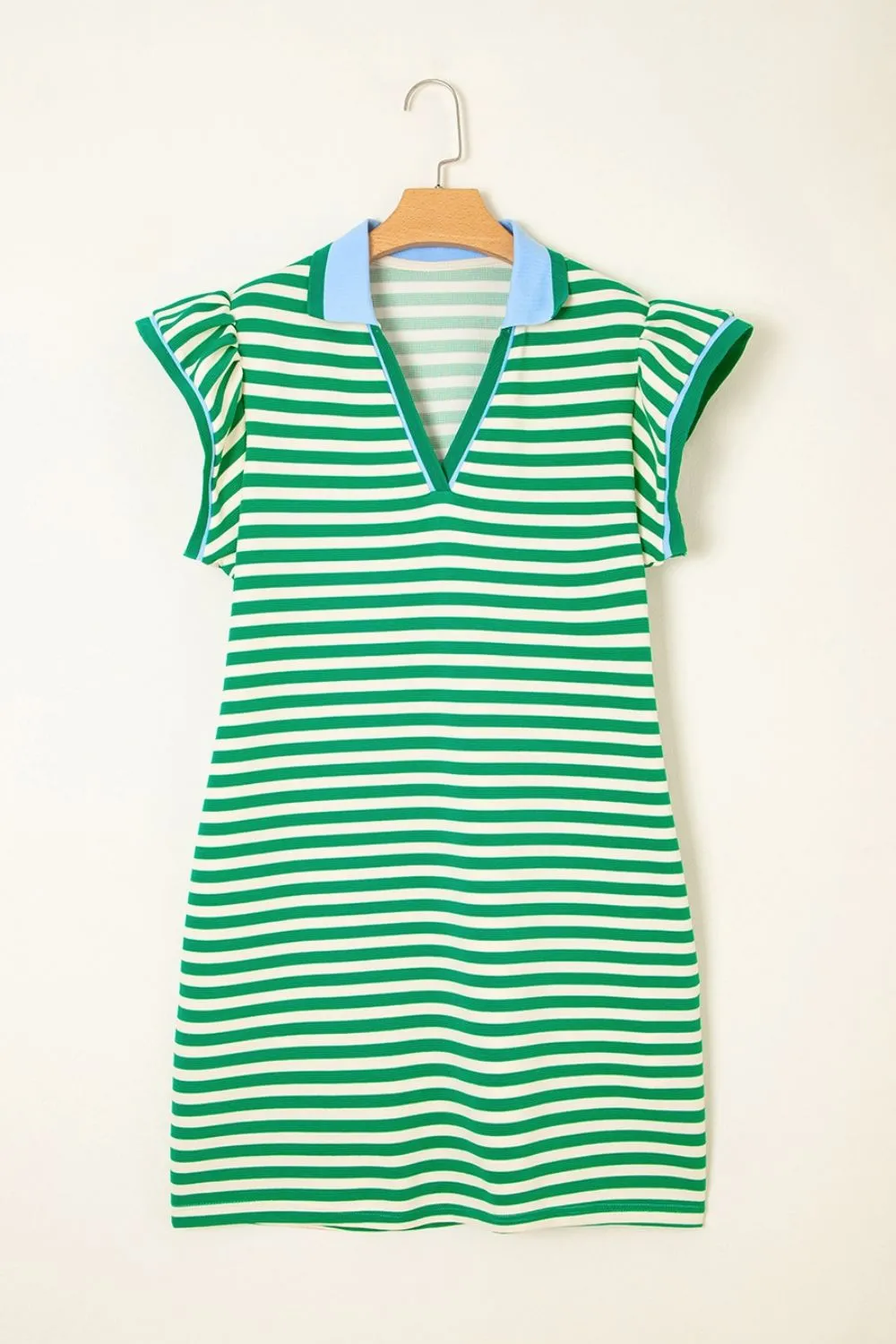 Stripe Print Contrast Collar Split Neck Flutter Sleeve Dress, image 16