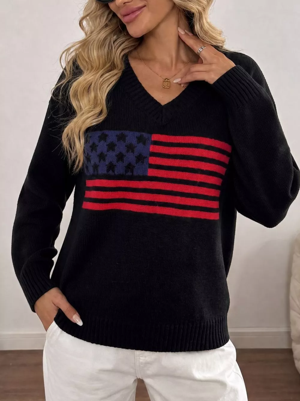 American Flag V-Neck Knit Top, image 4