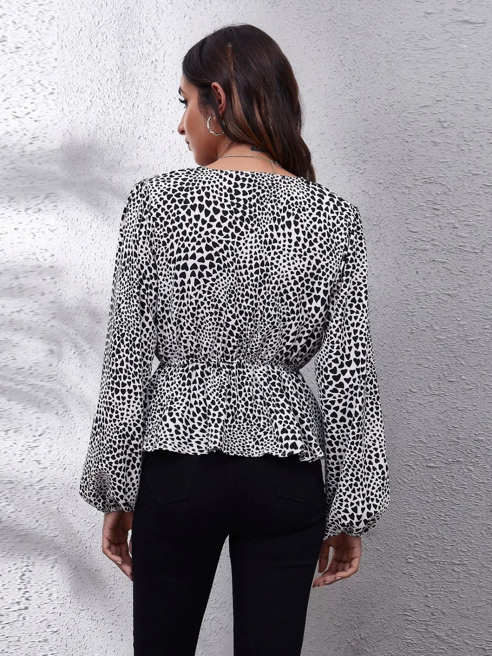 Ruched Printed V-Neck Long Sleeve Blouse, image 37