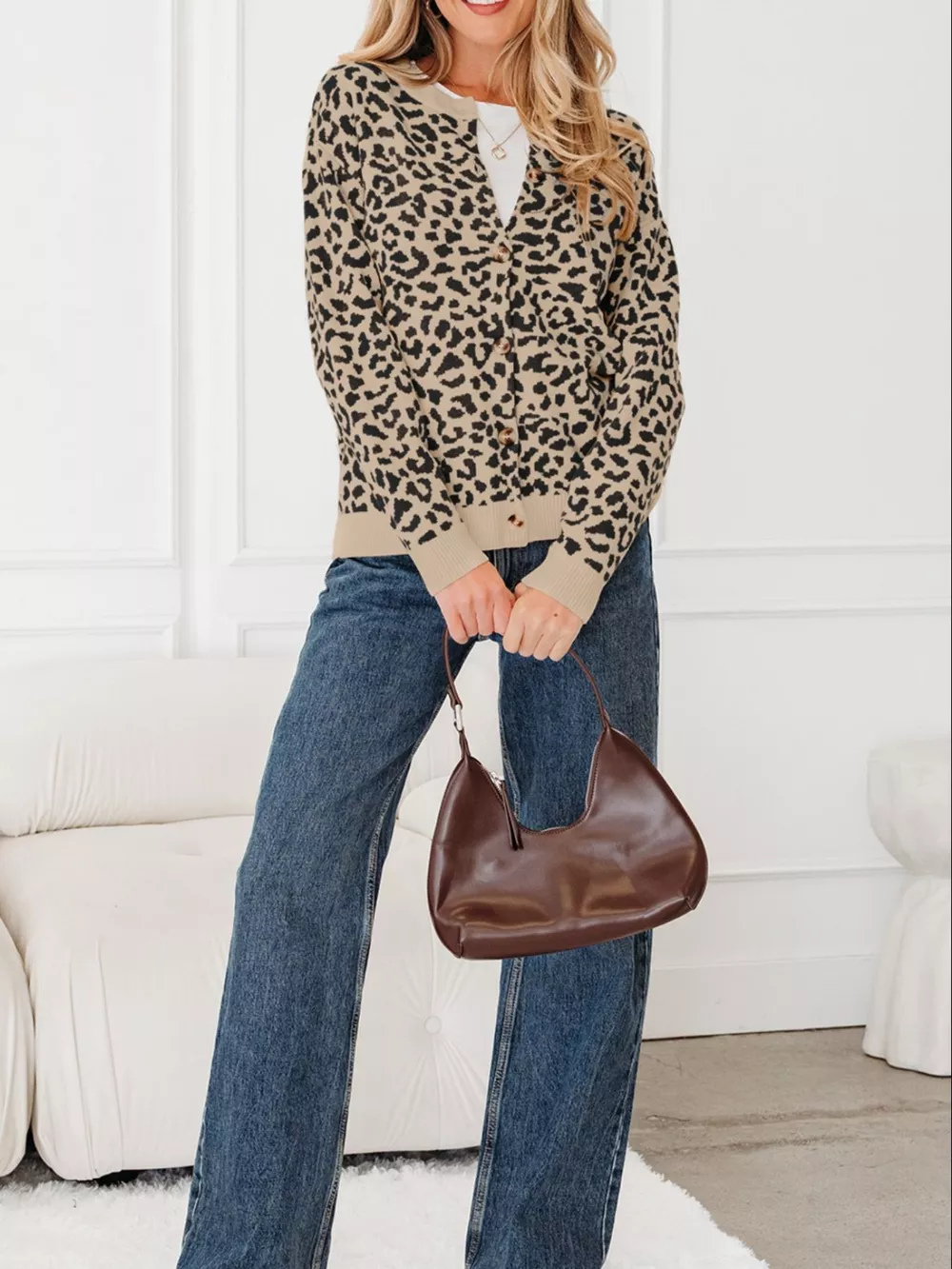Leopard Drop Shoulder Chunky Knitted Cardigan, image 8