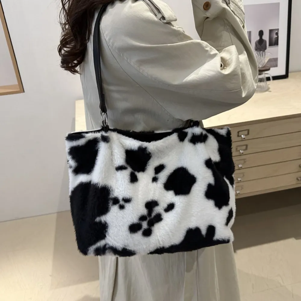 Cow Print Furry Tote Bag, image 18