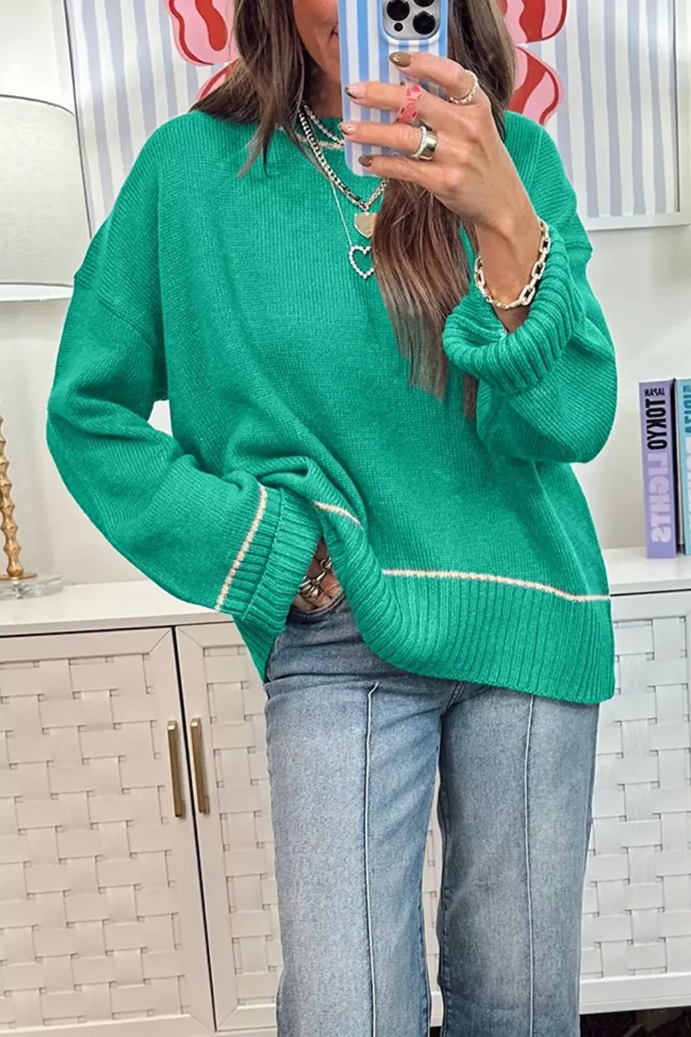Contrast Detail Drop Shoulder Baggy Sweater, image 2