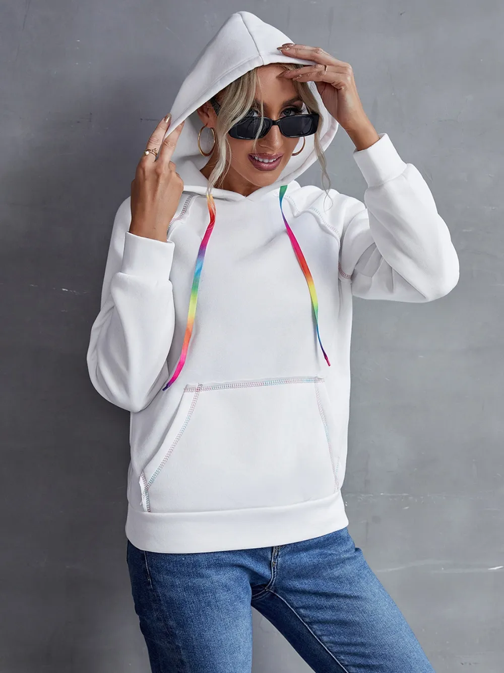 Contrast Stitching Drawstring Raglan Sleeve Hoodie, image 10