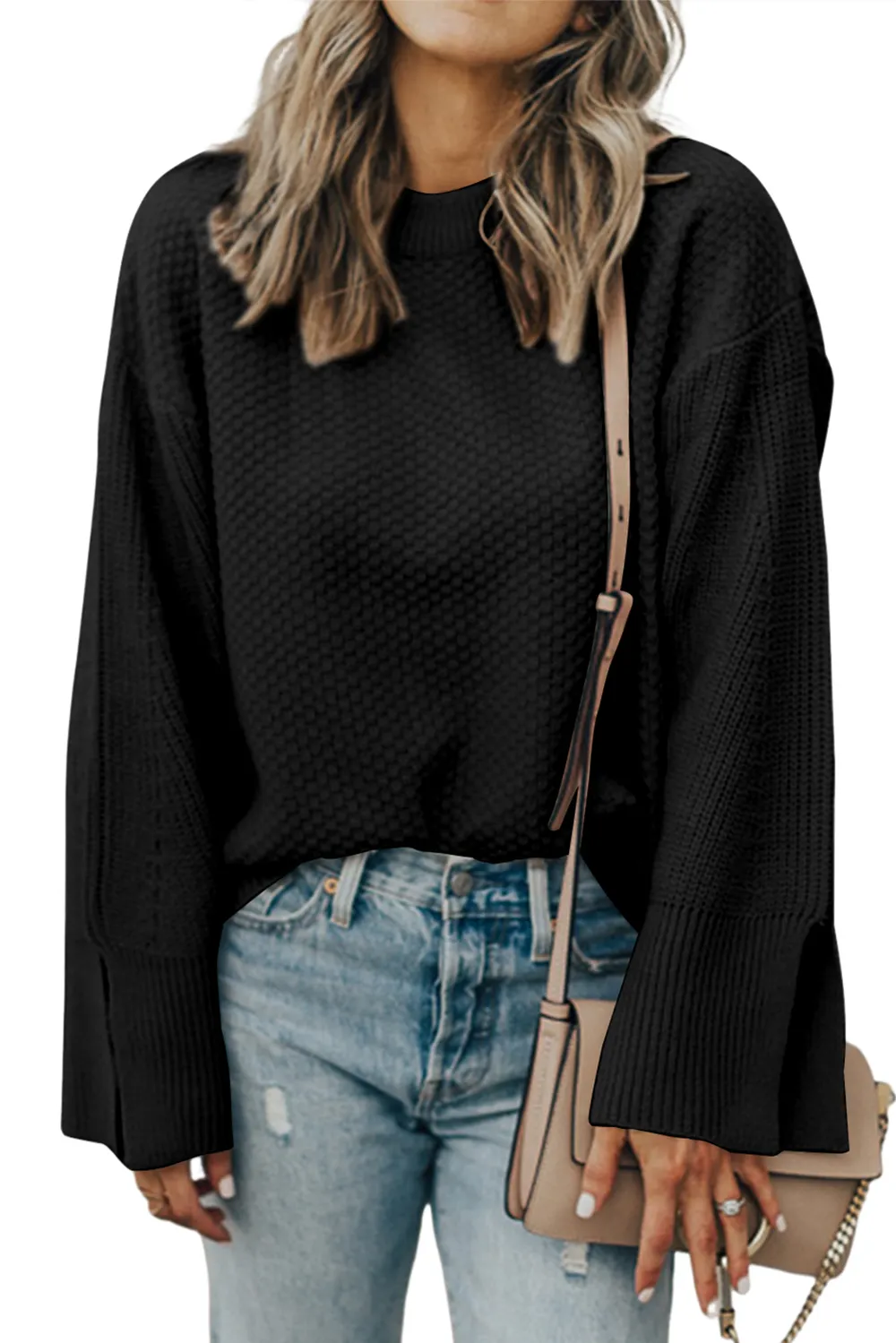 Textured Round Neck Long Sleeve Sweater, image 12