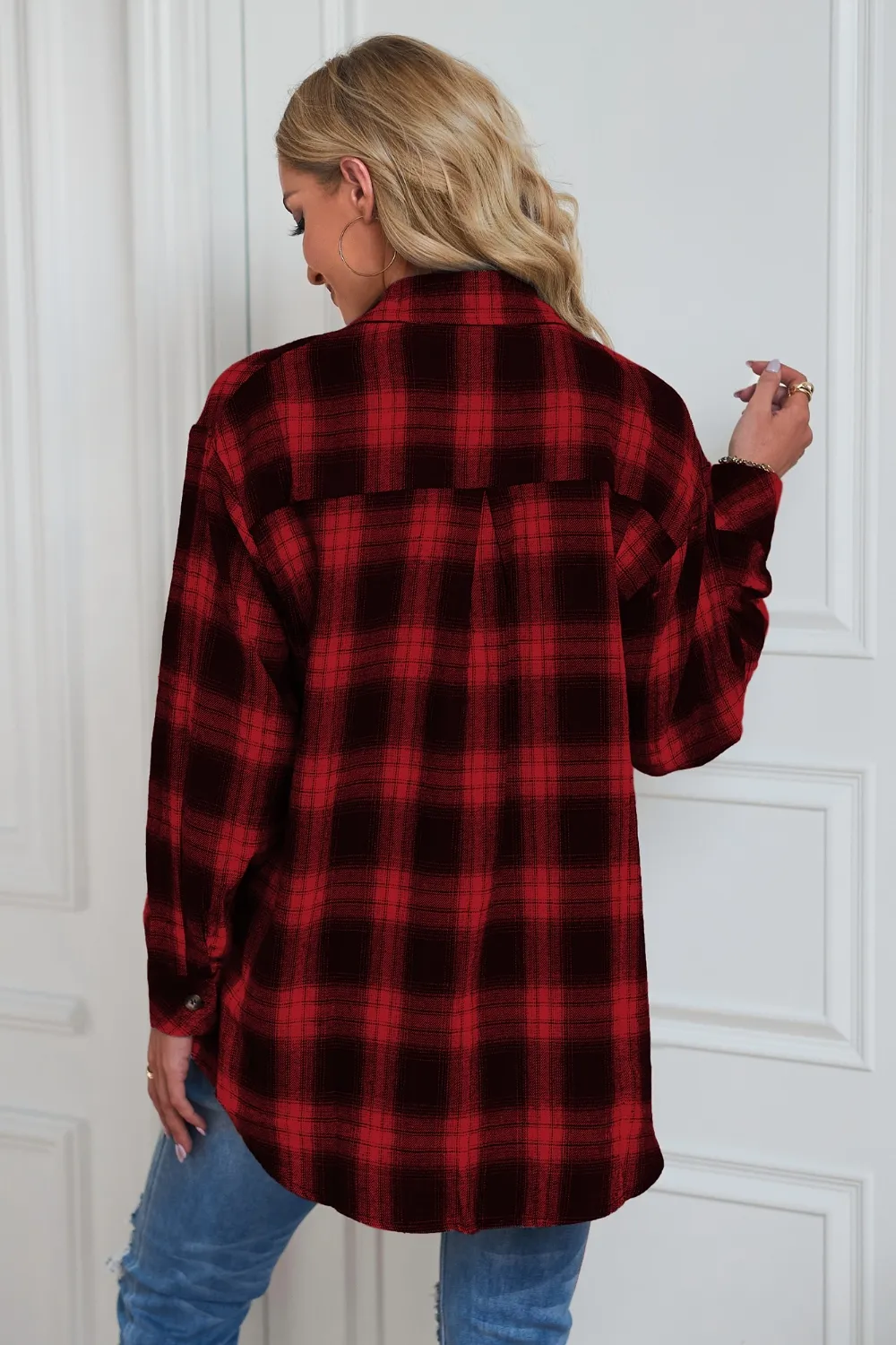 Plaid Button Up Dropped Shoulder Outerwear, image 3