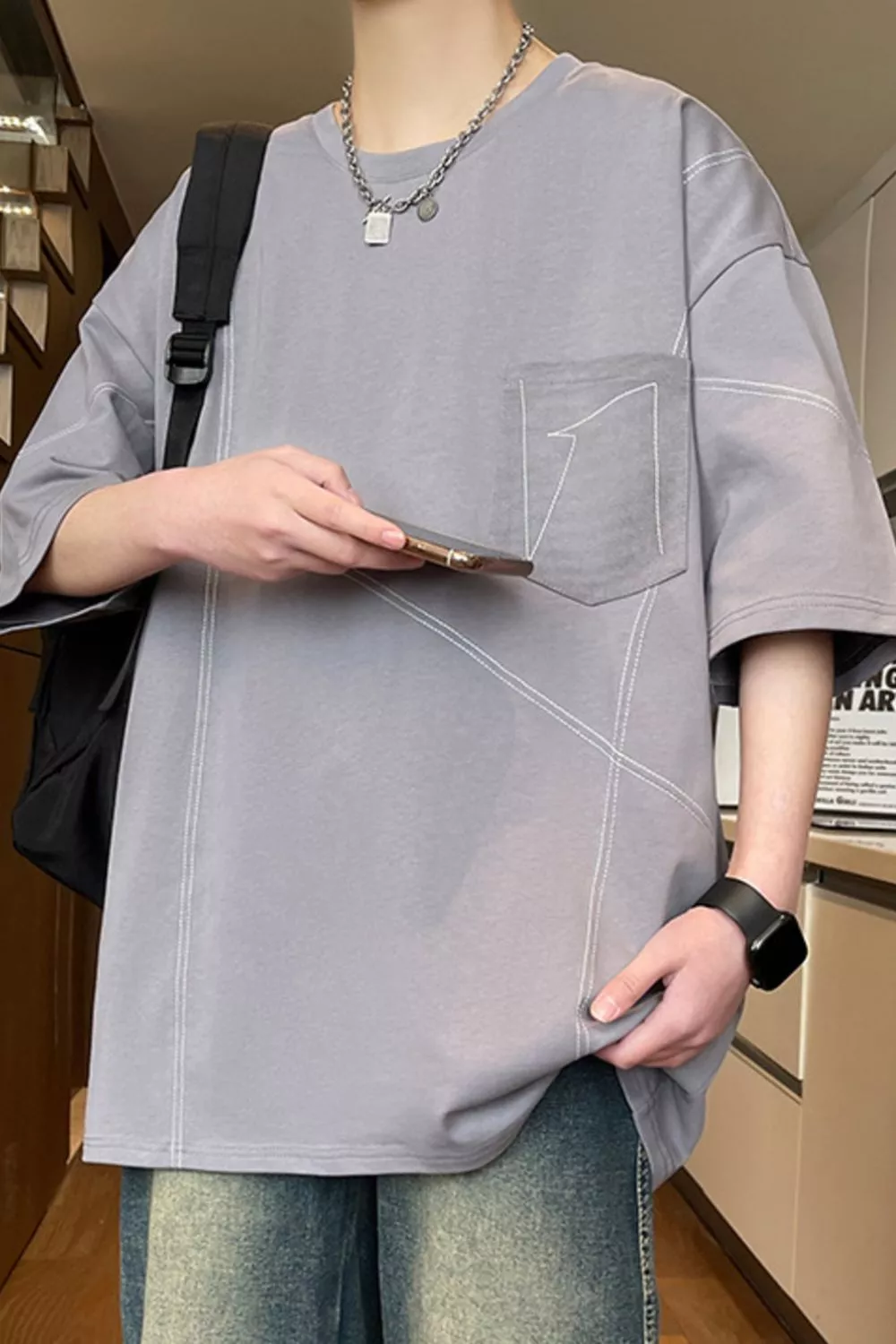Men's Plus Size Contrast Stitching Oversized Round Neck T-Shirt, image 4