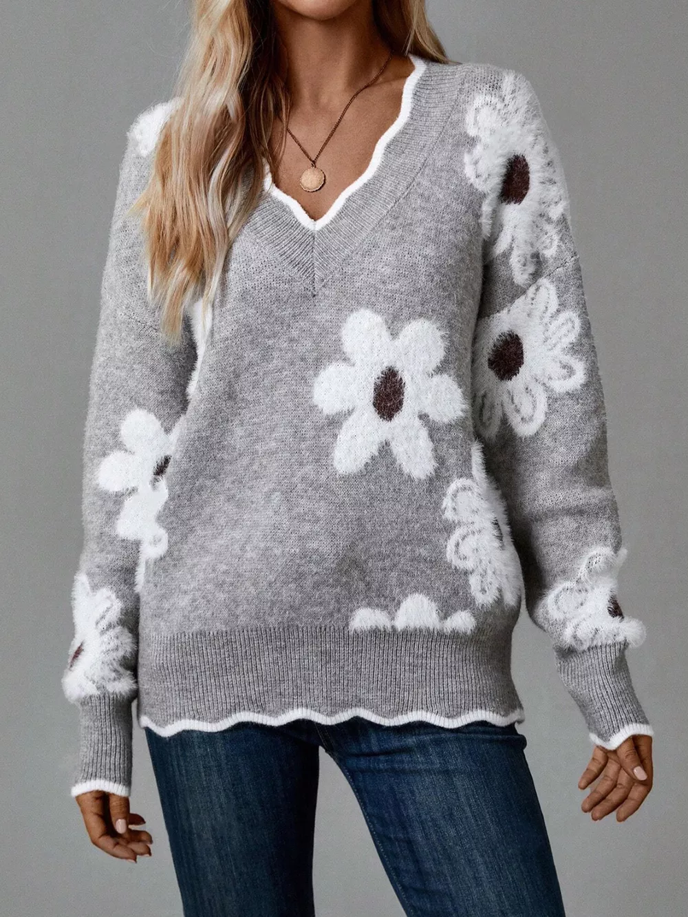 Floral V-Neck Long Sleeve Sweater, image 2
