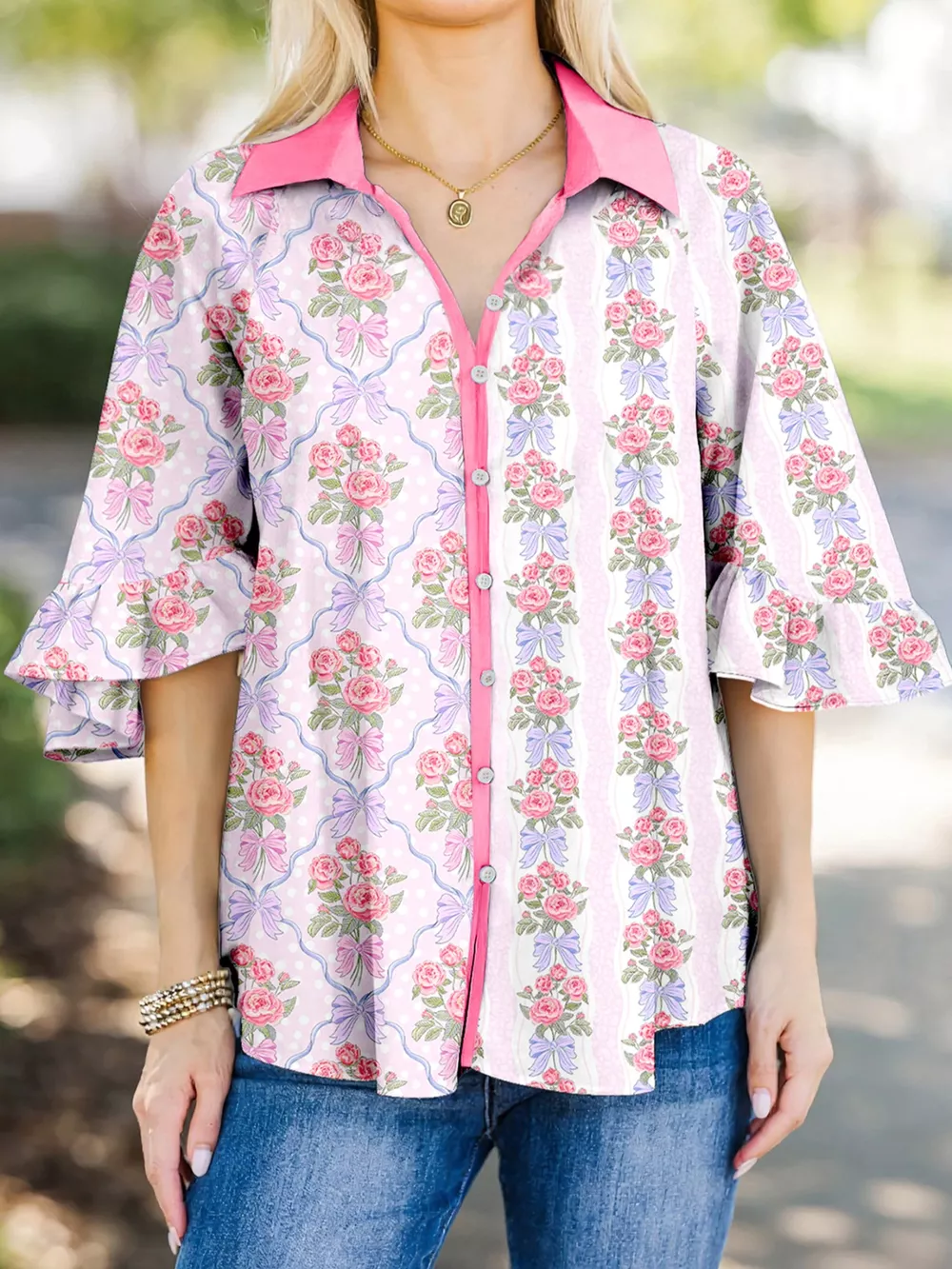 Floral Collared Ruffled Half Sleeve Shirt, image 10