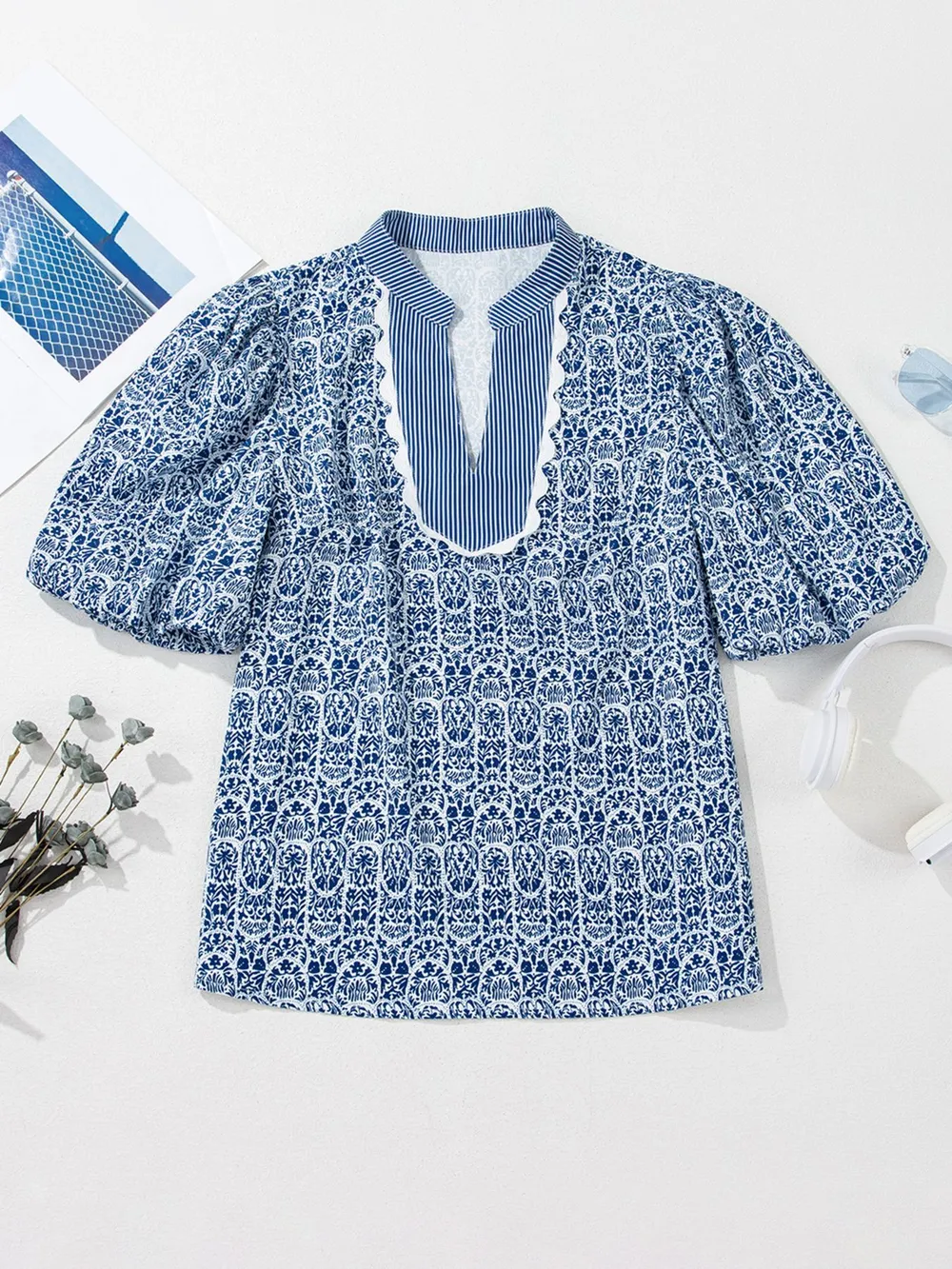 Printed Contrast Ric-Rac Puff Sleeve Top, image 7