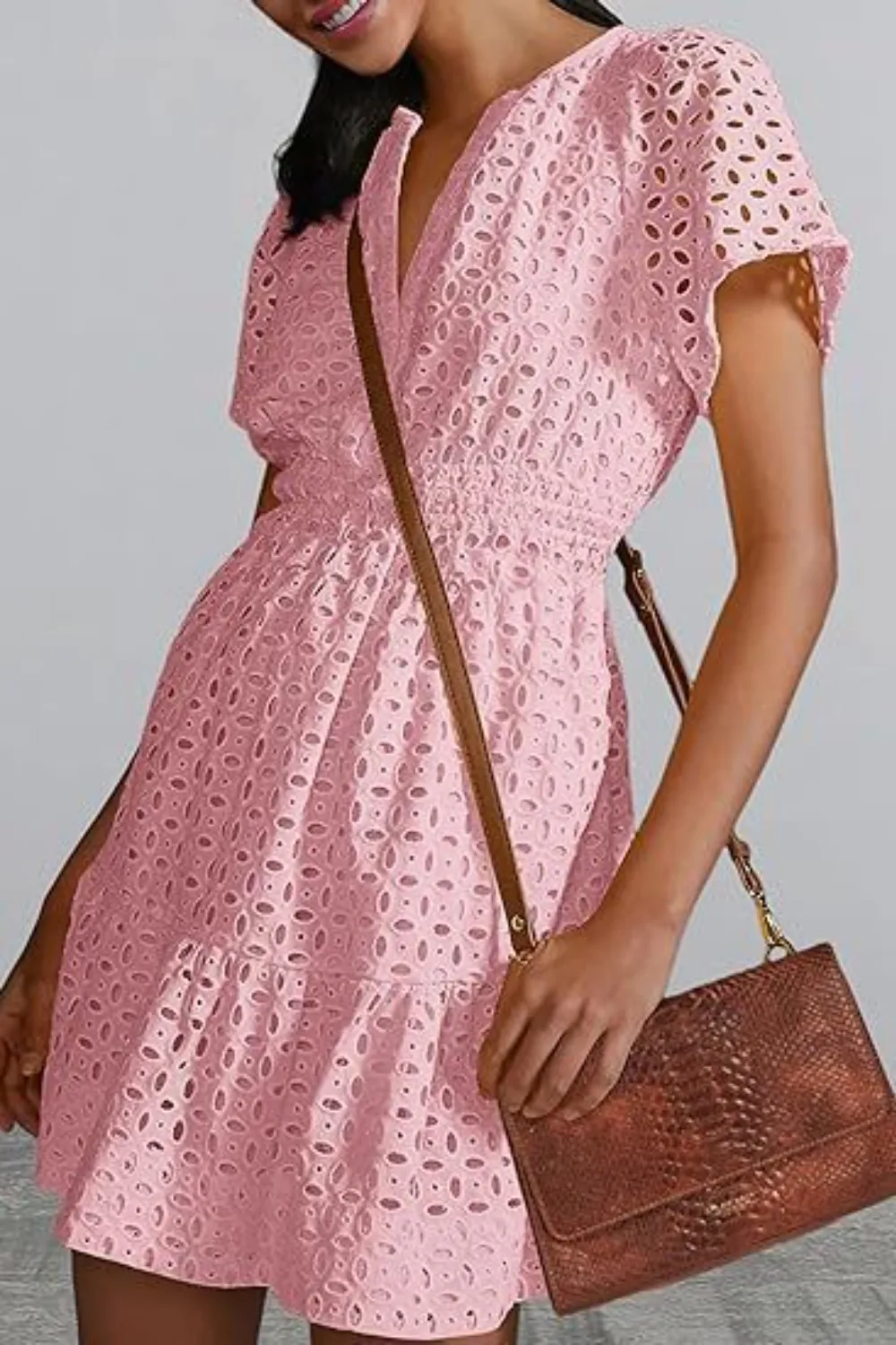 Eyelet Notched Short Sleeve Mini Dress, image 18