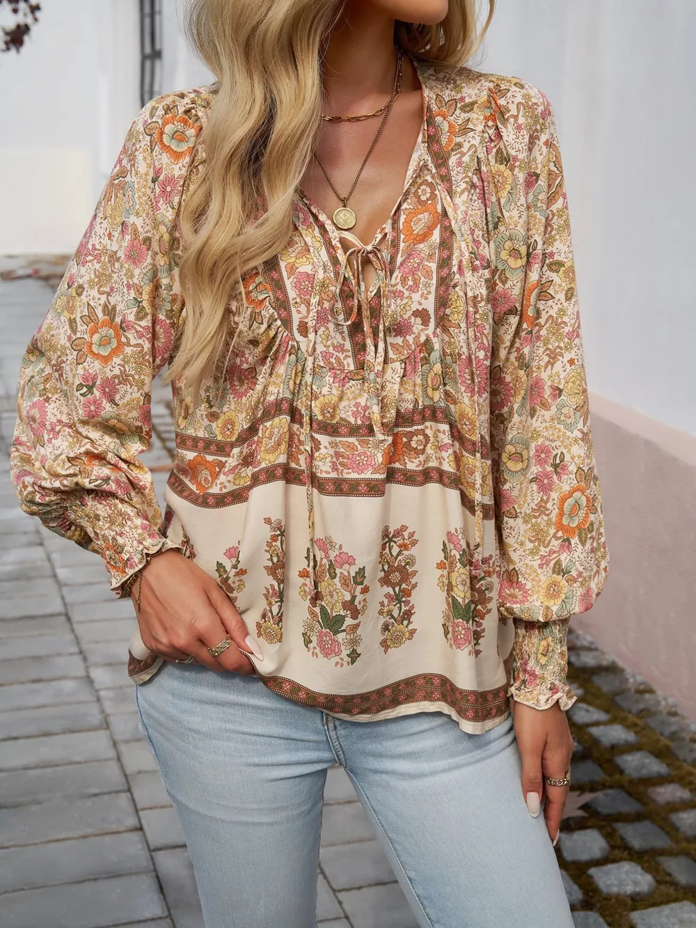 Floral Print Tie Neck Bohemian Blouse, image 24