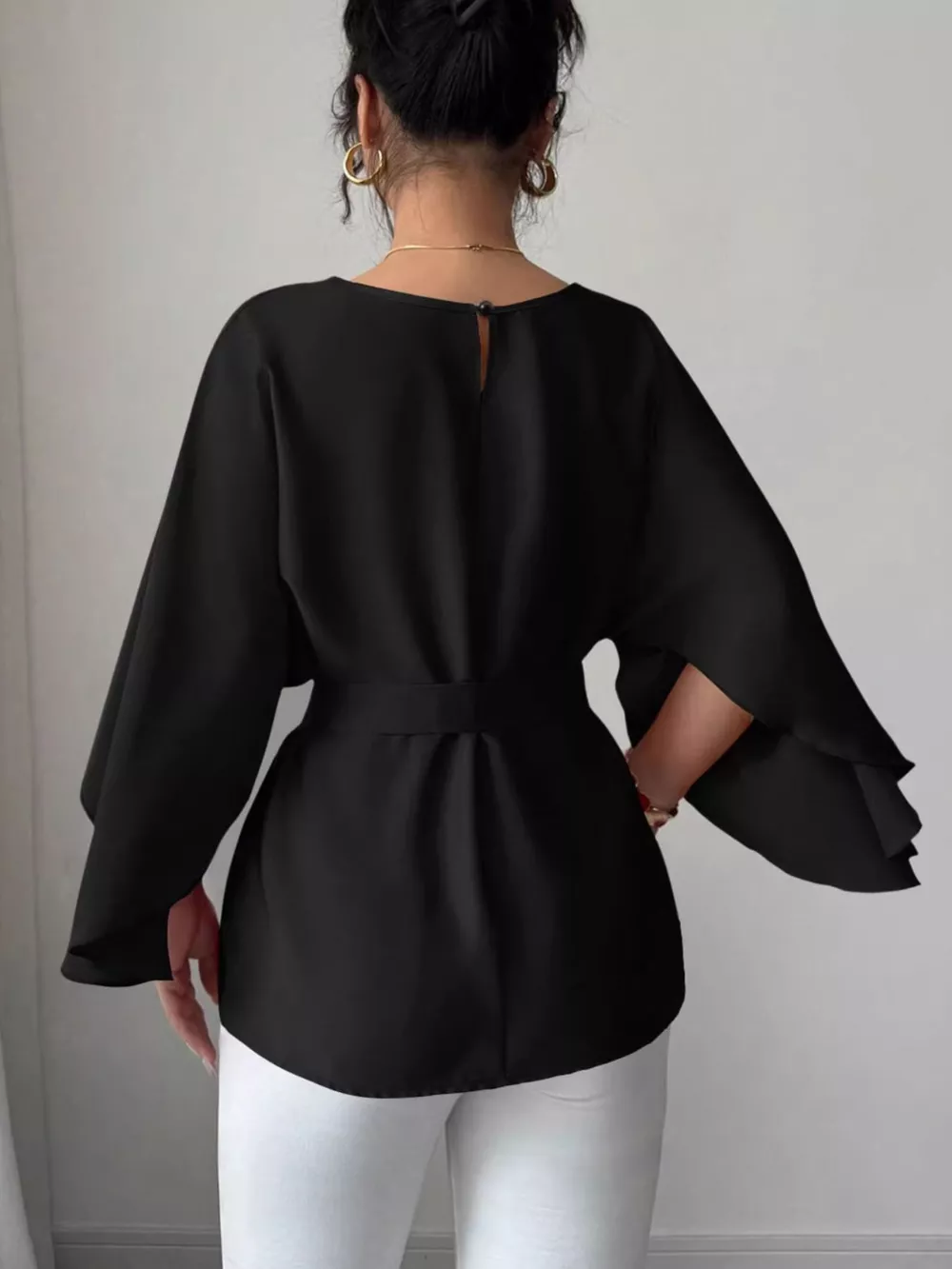 Round Neck Belt Batwing Sleeve Blouse, image 13