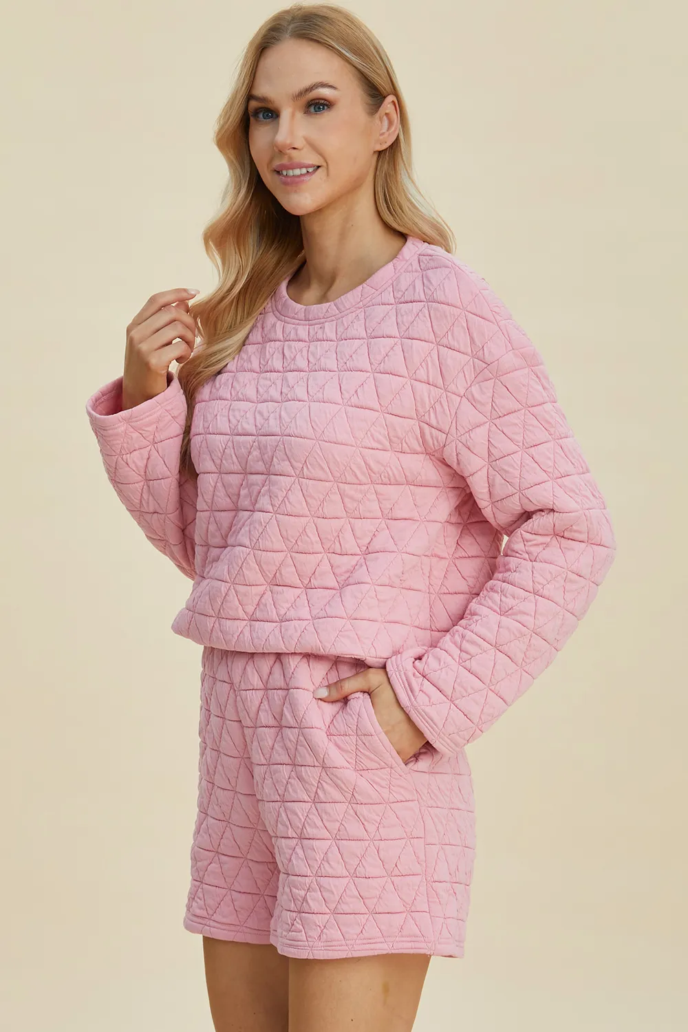 Full Size Texture Round Neck Long Sleeve Top and Shorts Set, image 14