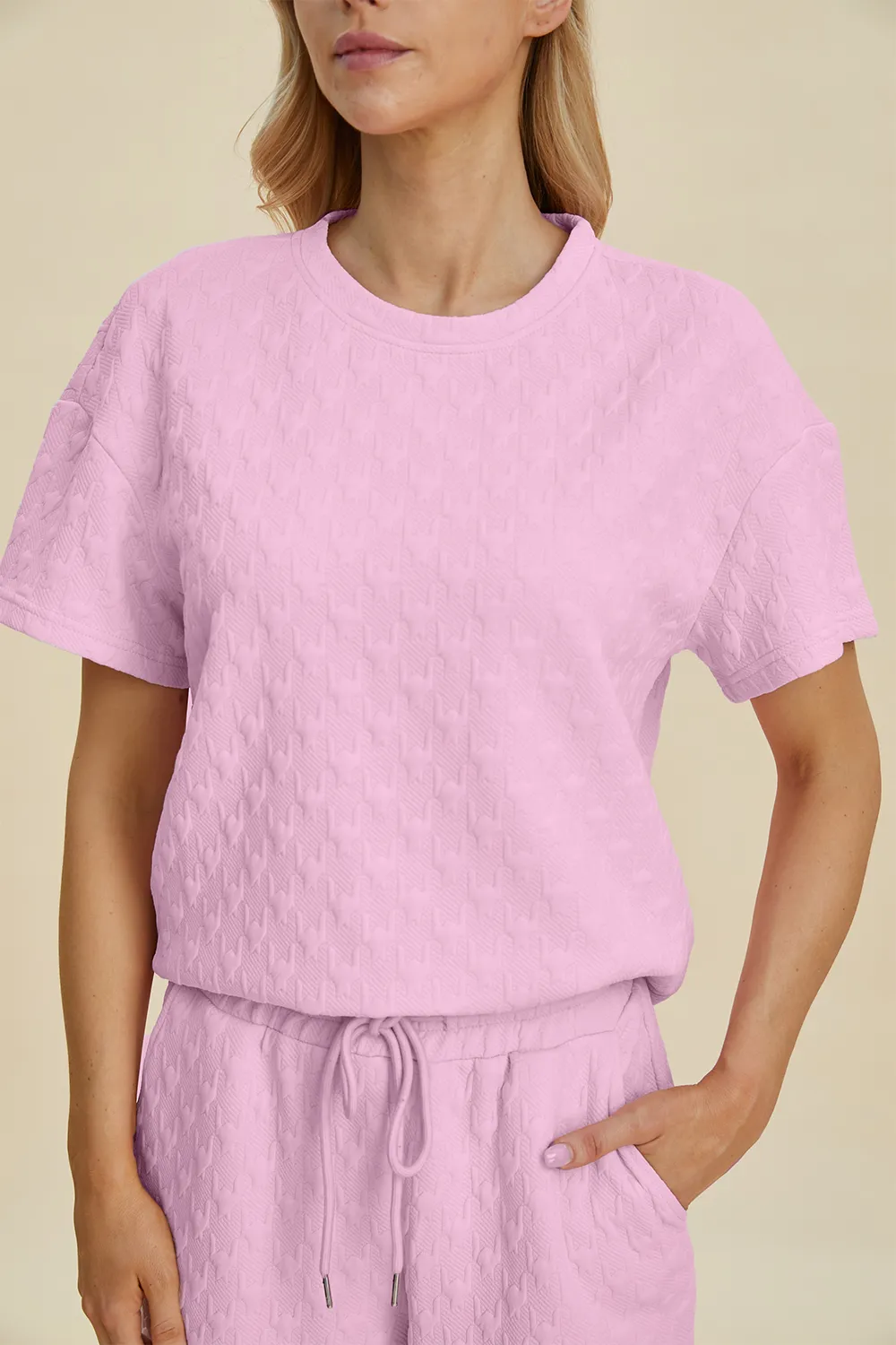 Full Size Texture Round Neck Short Sleeve Top and Pants Set, image 17