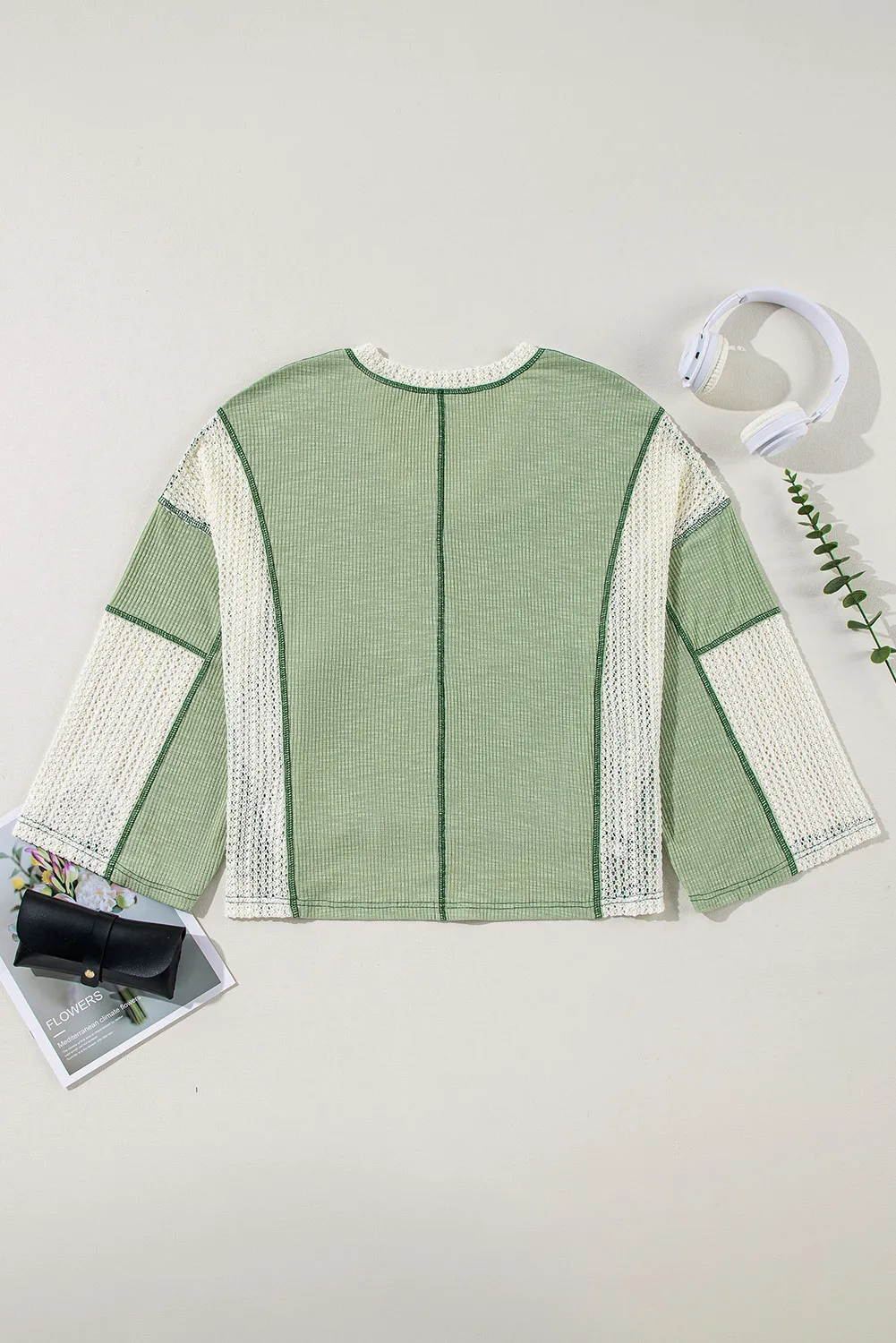 Lace Detail Contrast V-Neck Long Sleeve Blouse, image 9