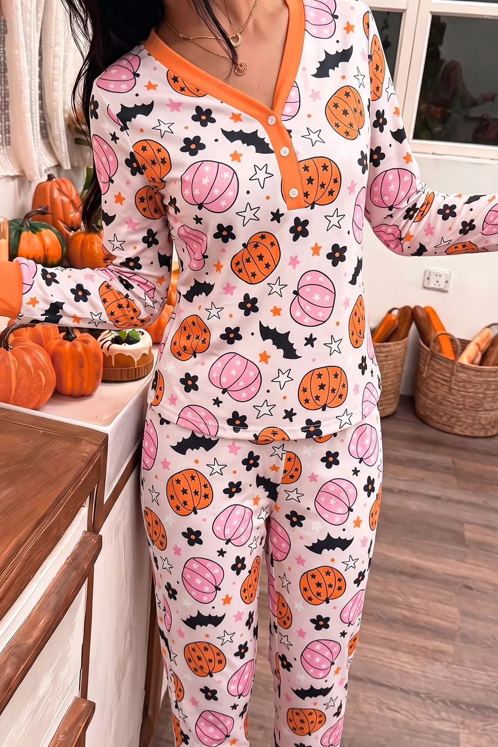 Halloween Pumpkin Print Long Sleeve Home Wear Lounge Set, image 2