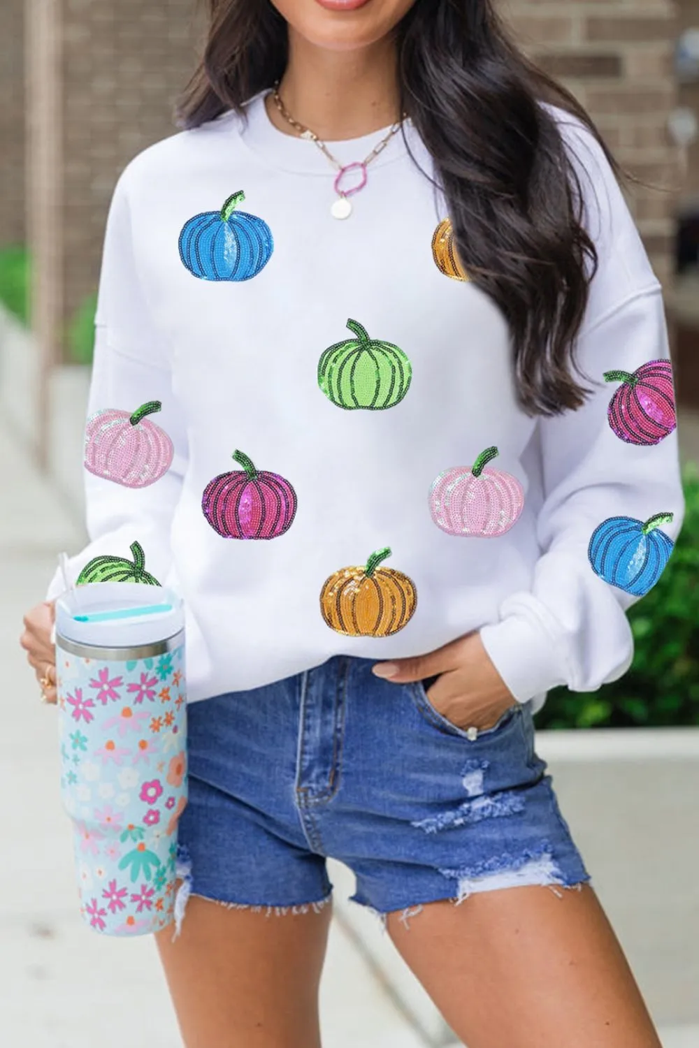 Pumpkin Round Neck Long Sleeve Sweatshirt, image 4