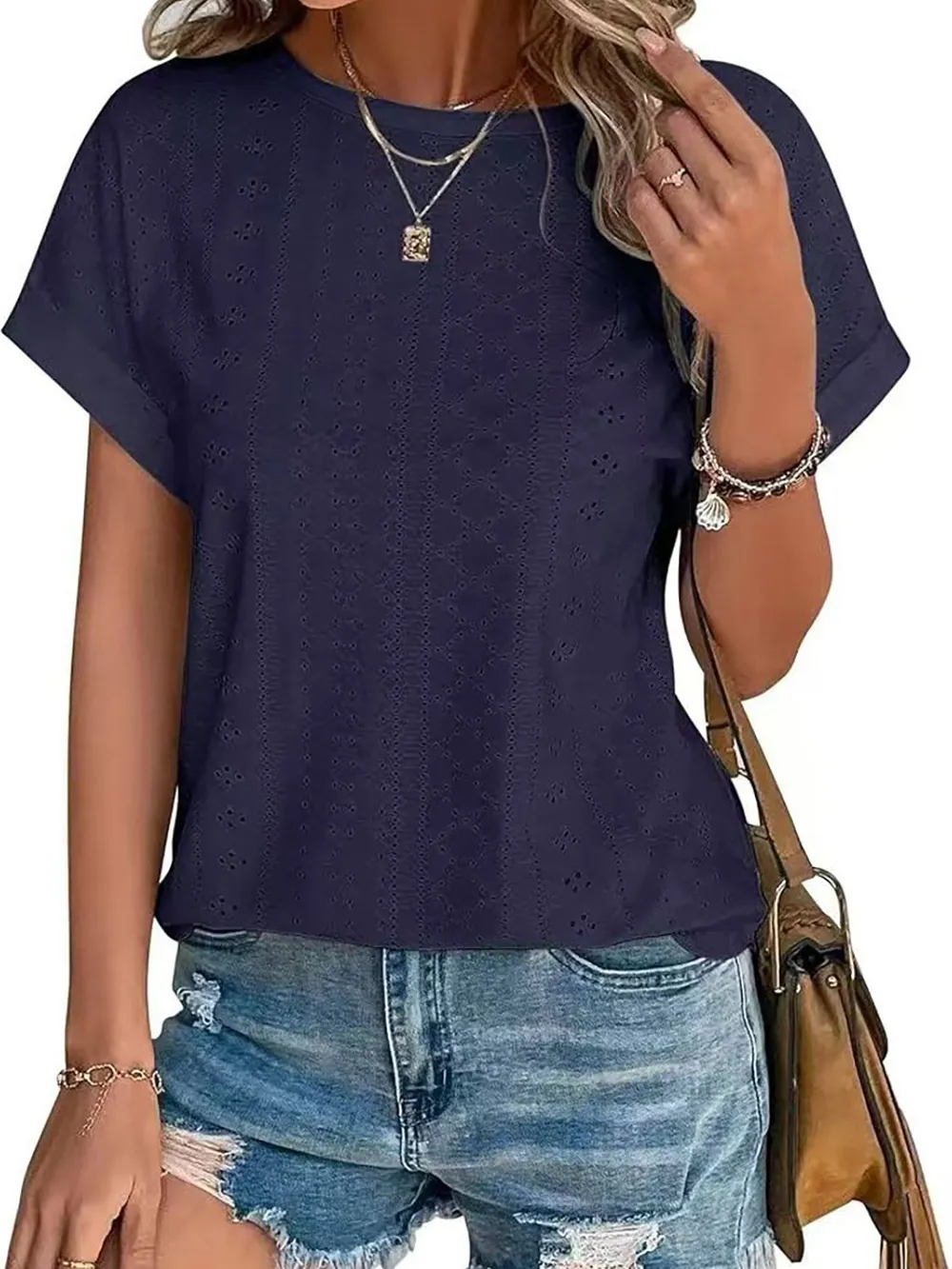 Eyelet Round Neck Short Sleeve Top, image 26