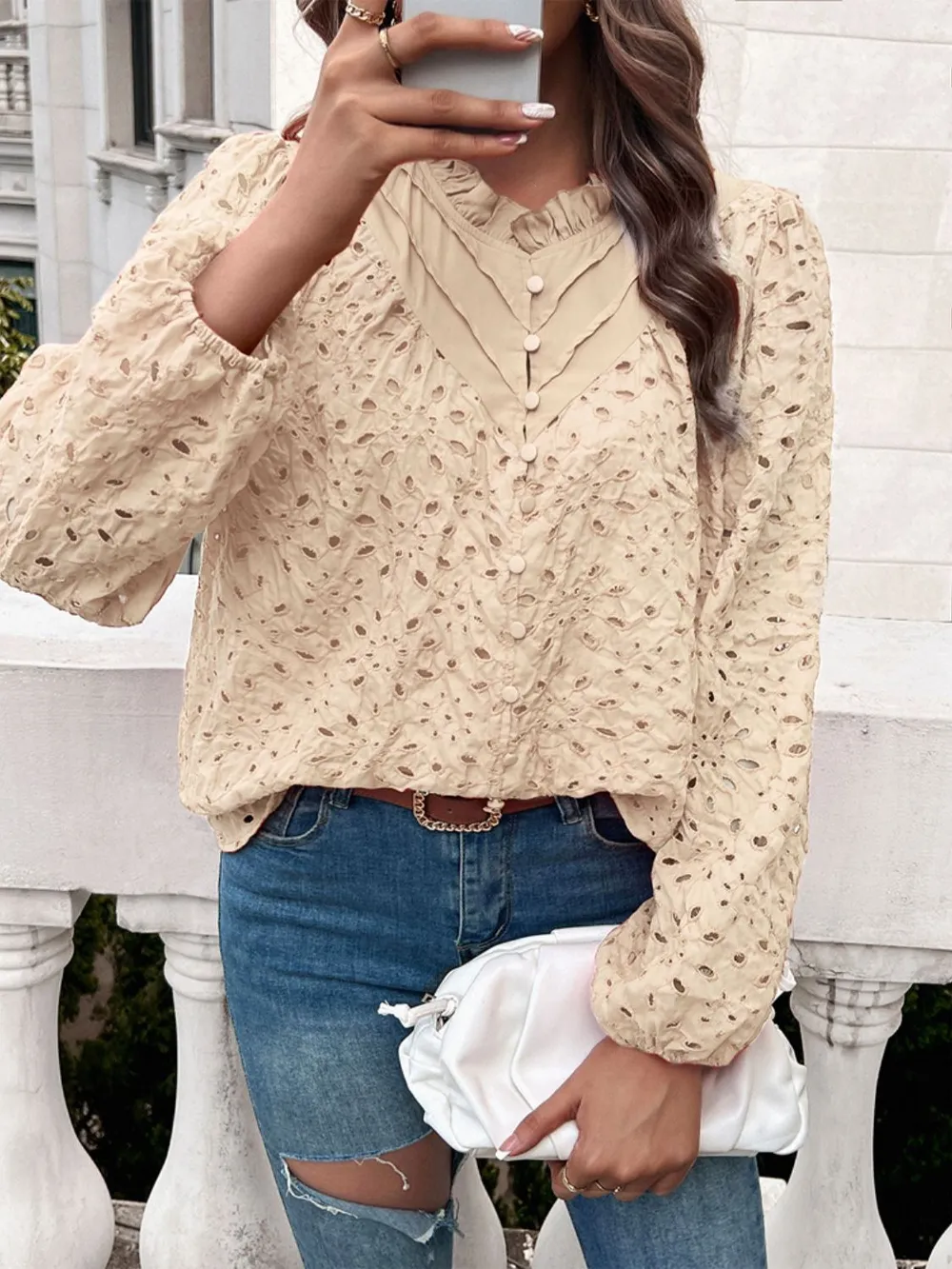 Frill Round Neck Long Sleeve Shirt, image 29