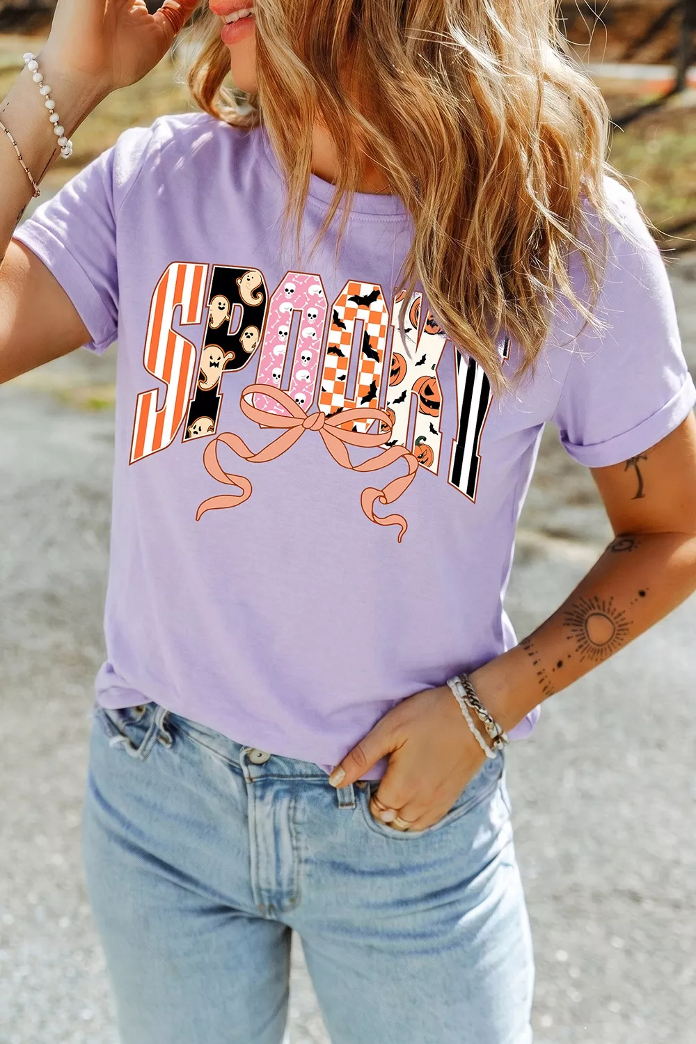 Halloween Spooky Letter Graphic Round Neck Casual T Shirt, image 3