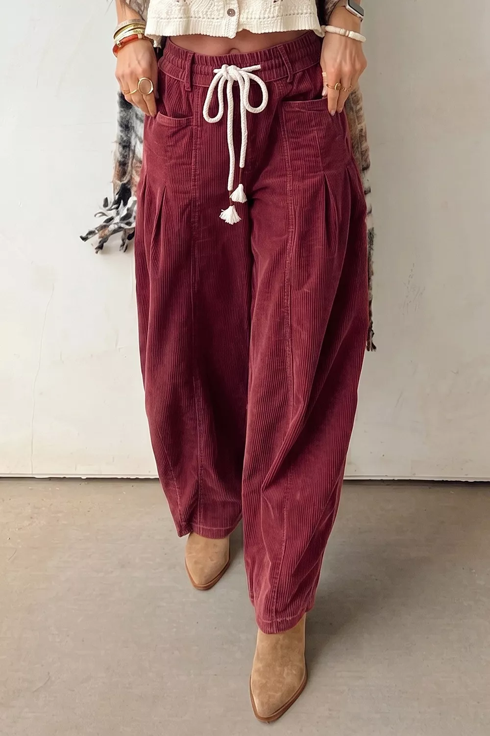 Elastic Waist Drawstring Corduroy Casual Pants, image 3