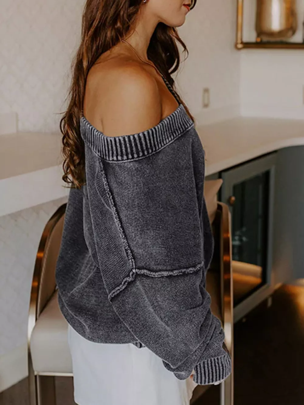 Wash V-Neck Long Sleeve Sweater, image 3