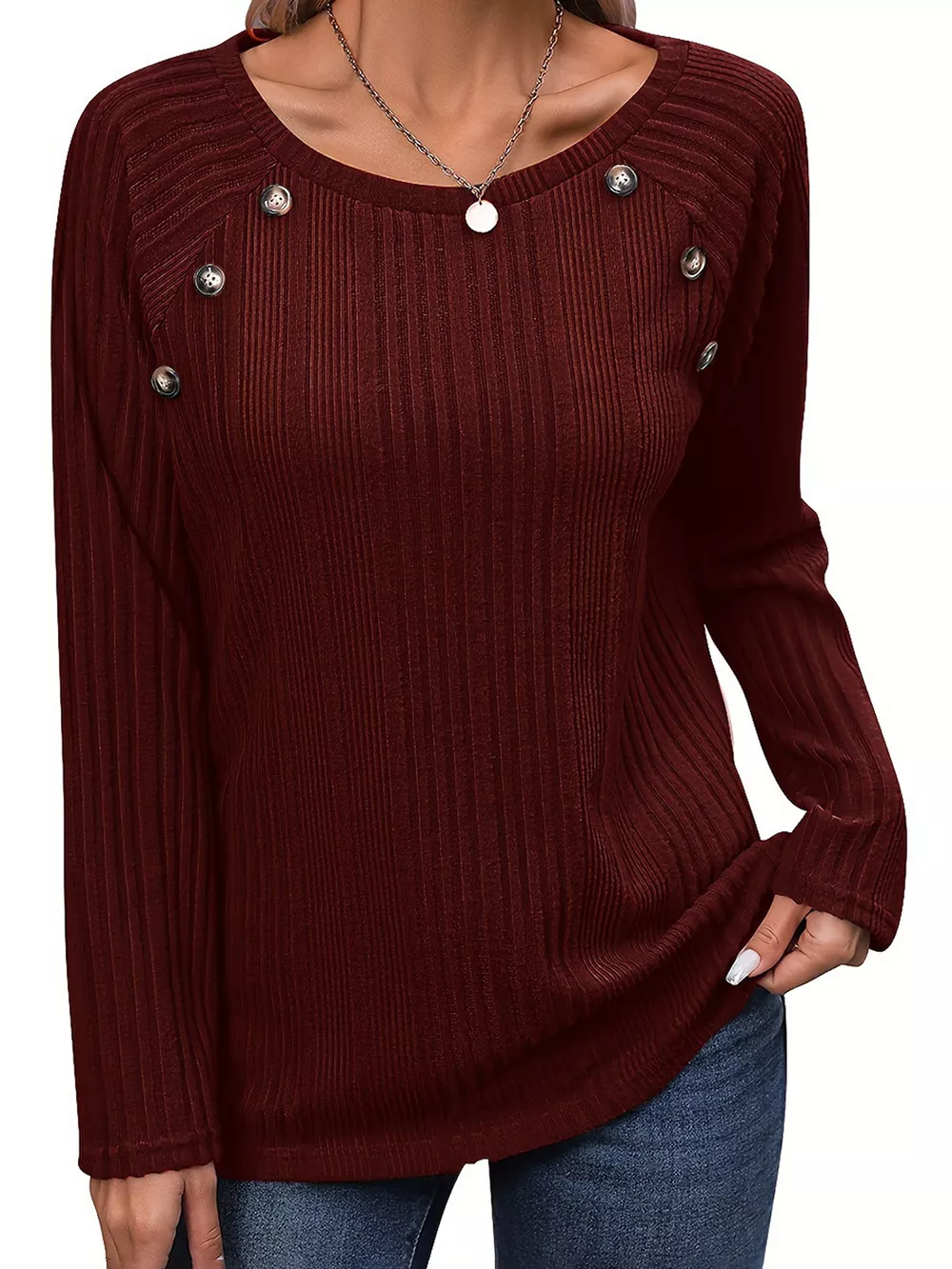 Ribbed Long Sleeve T-Shirt with Button Detail, image 6