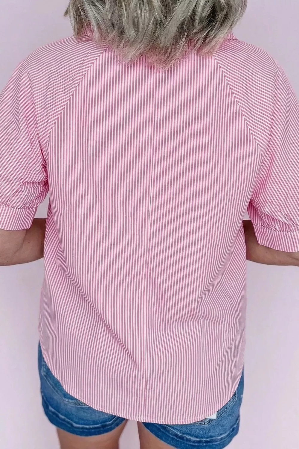 Striped Print Collar V Neck Short Sleeve Blouse, image 2