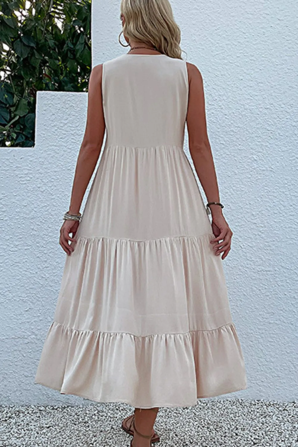 Decorative Button Sleeveless Tiered Dress, image 2
