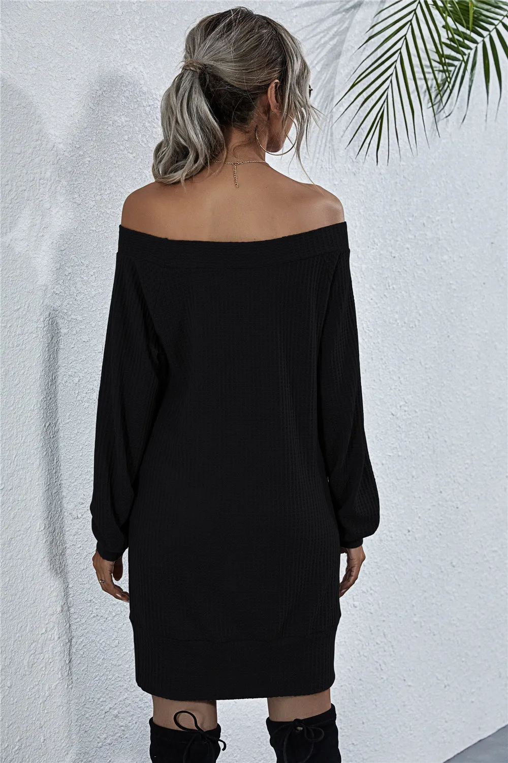 Waffle-Knit Boat Neck Mini Dress, image 2
