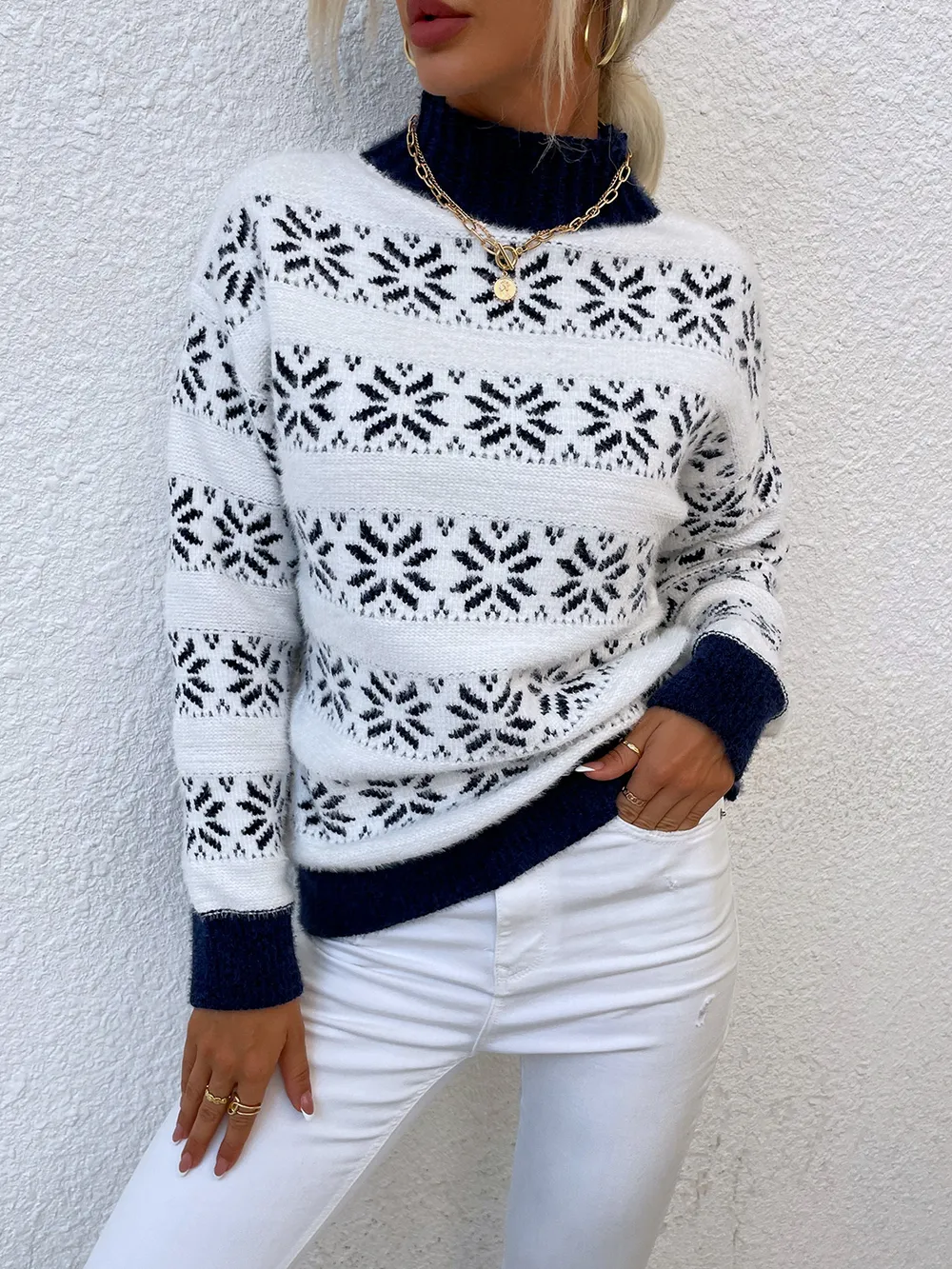 Snowflake Pattern Mock Neck Sweater, image 2