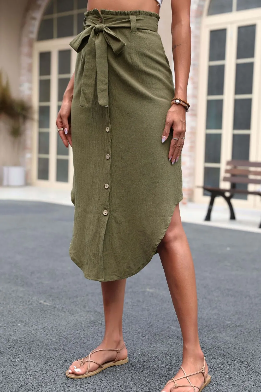 Tie Belt Frill Trim Buttoned Skirt, image 2