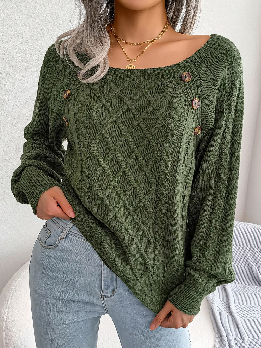 Decorative Button Cable-Knit Sweater, image 5