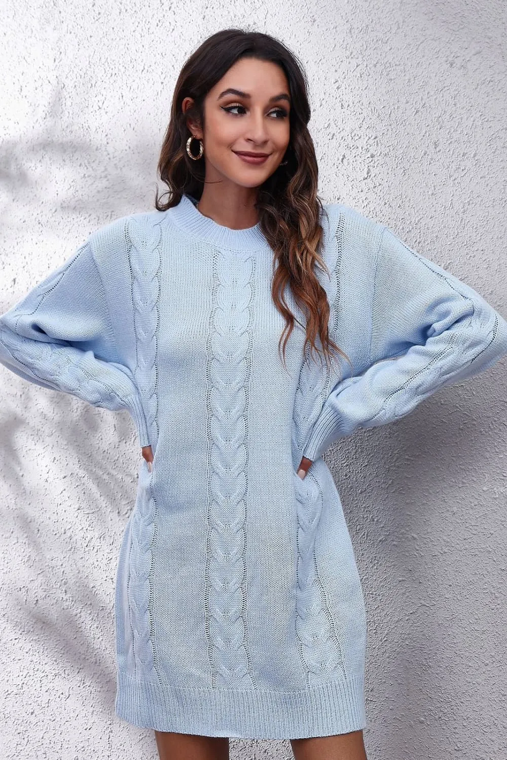 Cable-Knit Round Neck Sweater Dress, image 4