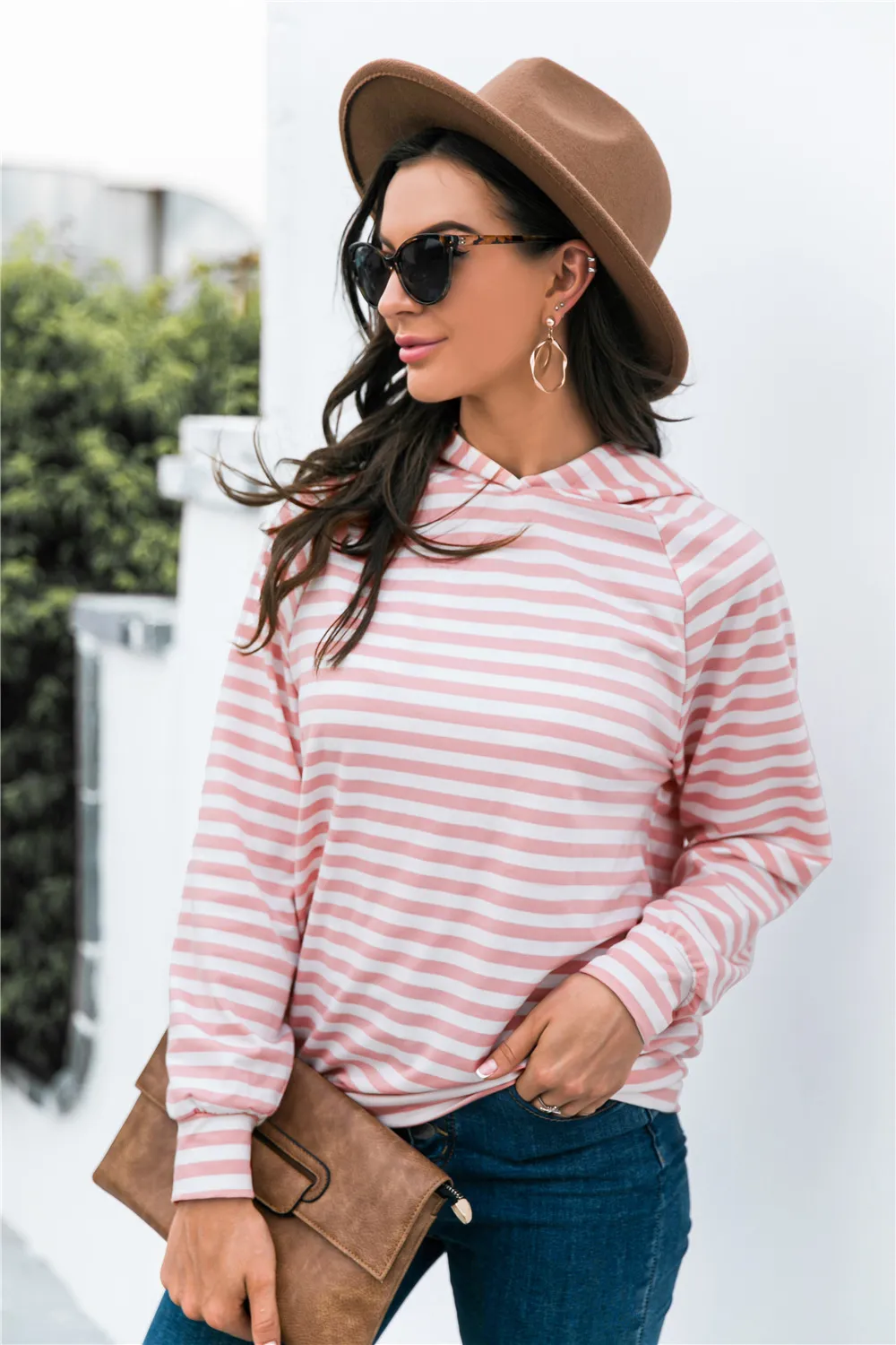 Horizontal Stripe Raglan Sleeve Hoodie, image 2