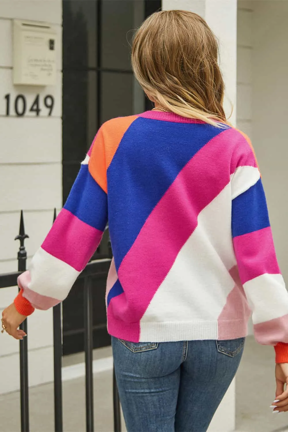 Color Block Round Neck Long Sleeve Sweater, image 3