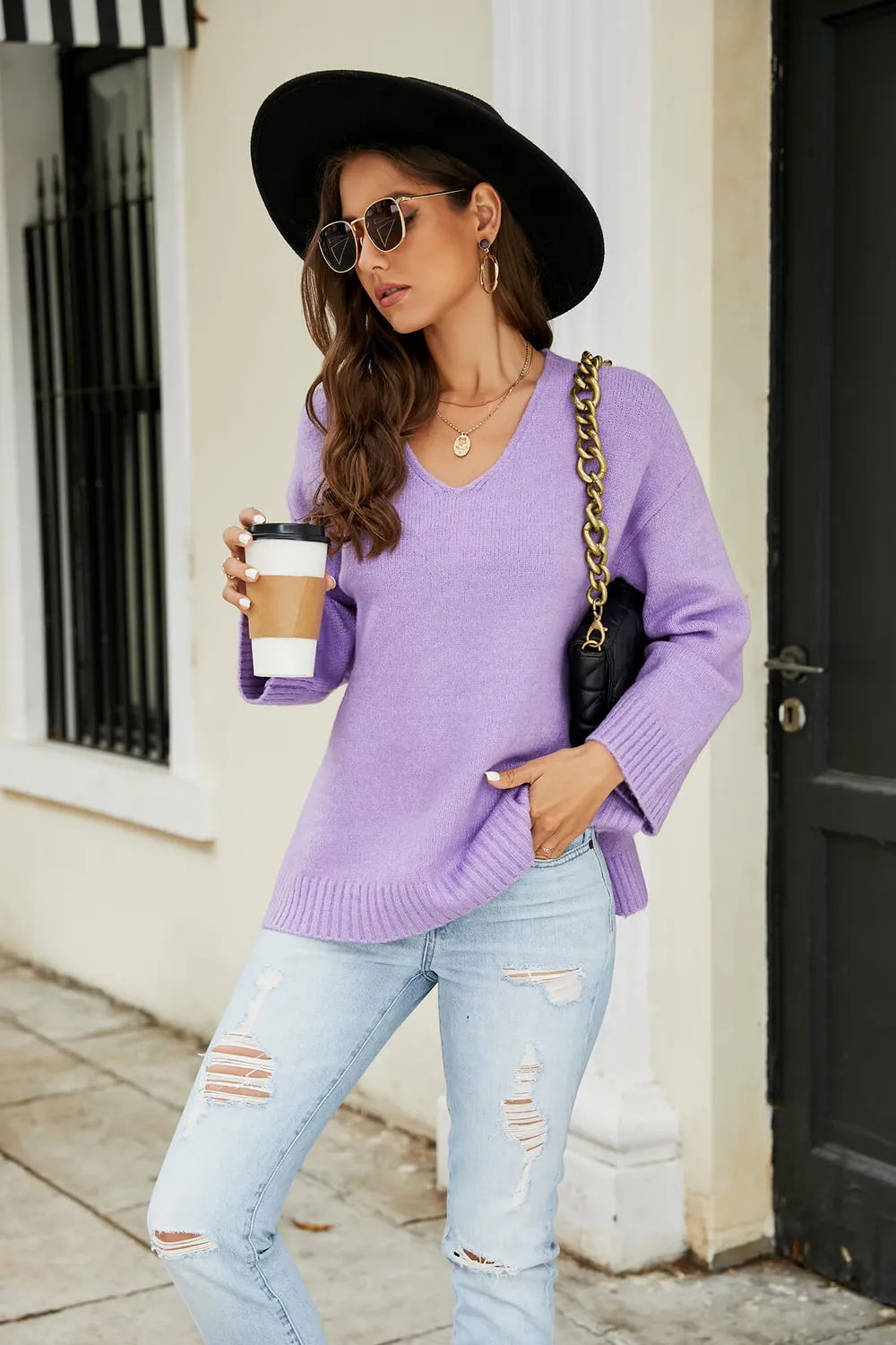 Drop Shoulder V-Neck Knit Pullover, image 14