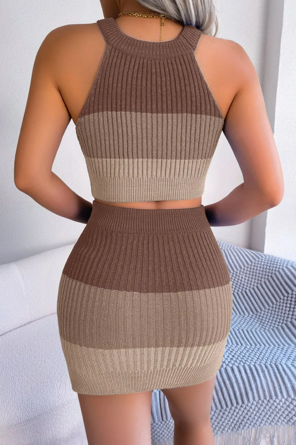 Color Block Sleeveless Crop Knit Top and Skirt Set, image 9