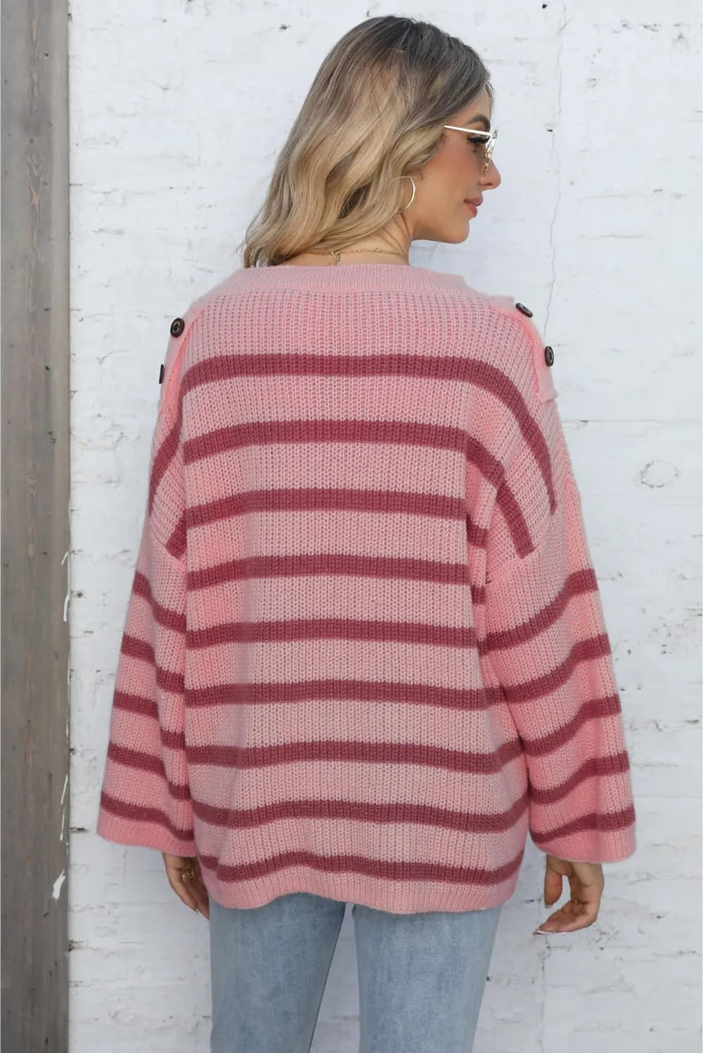 Round Neck Dropped Shoulder Striped Sweater, image 3