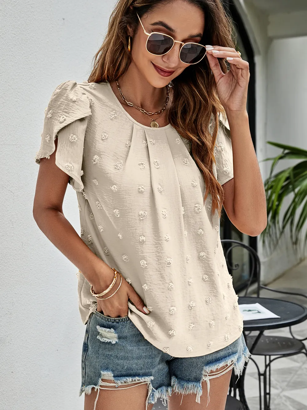 Swiss Dot Round Neck Petal Sleeve Top, image 11