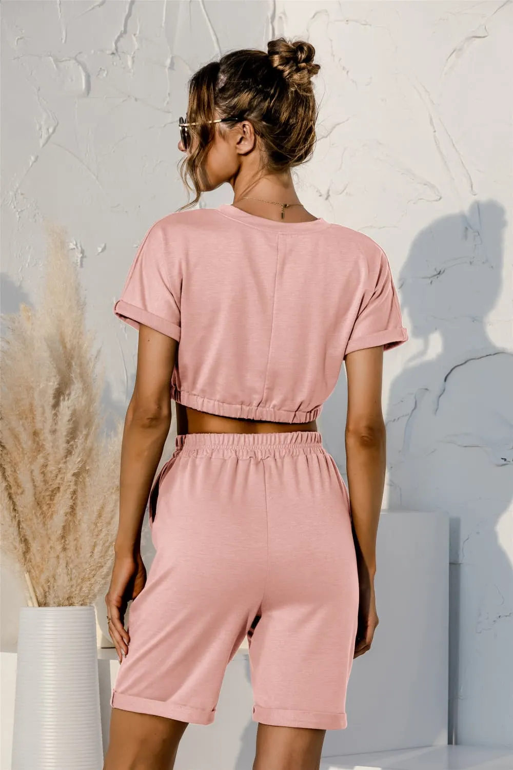 Short Sleeve Cropped Top and Drawstring Shorts Lounge Set, image 2