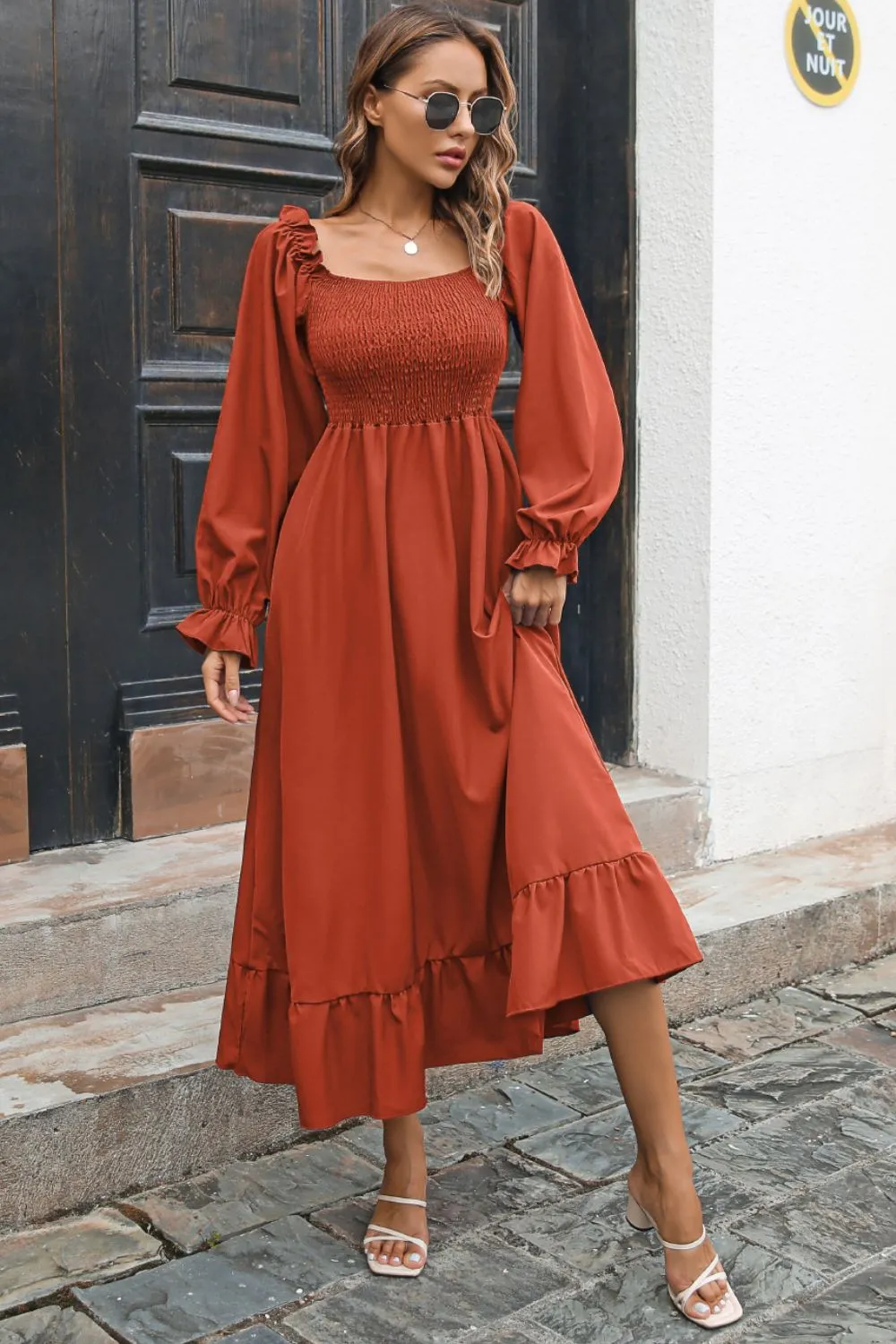 Smocked Ruffle Hem Flounce Sleeve Dress, image 2