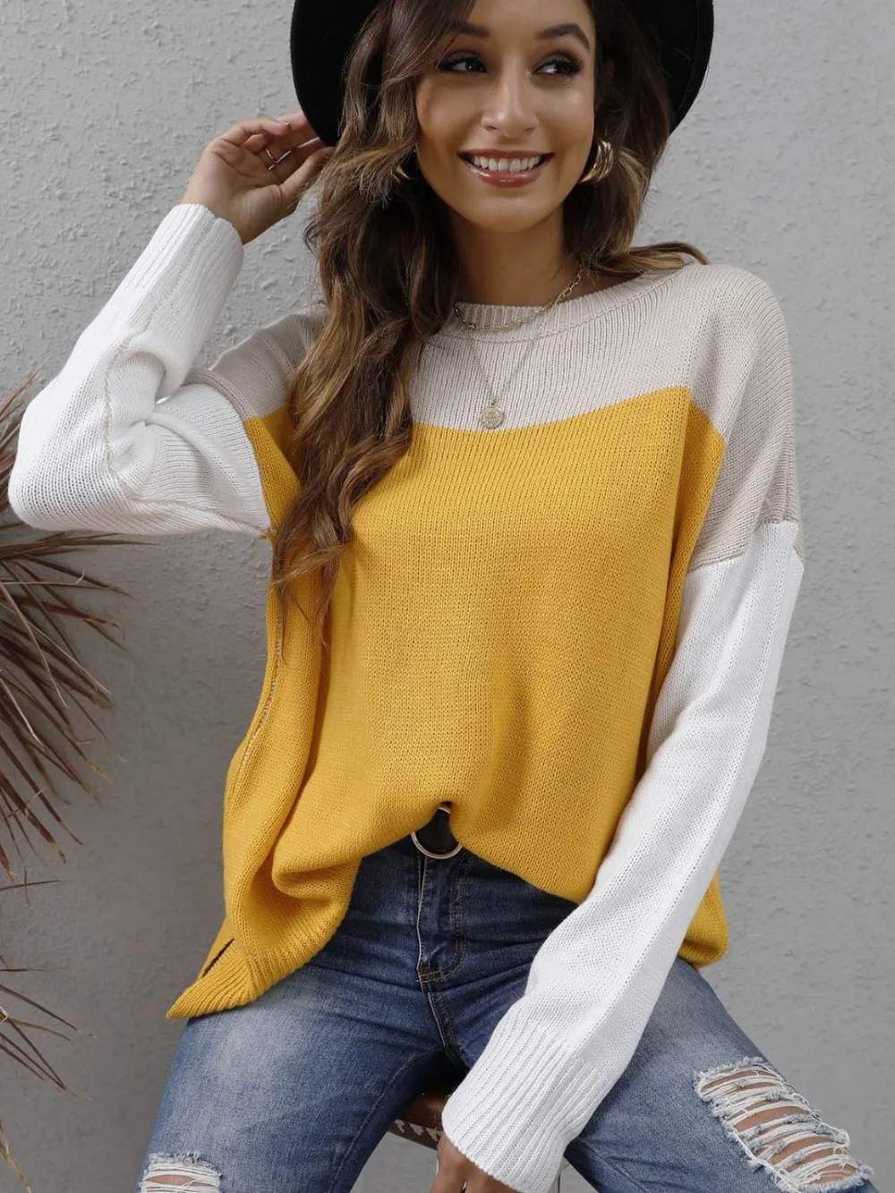 Color Block Round Neck Dropped Shoulder Sweater, image 5