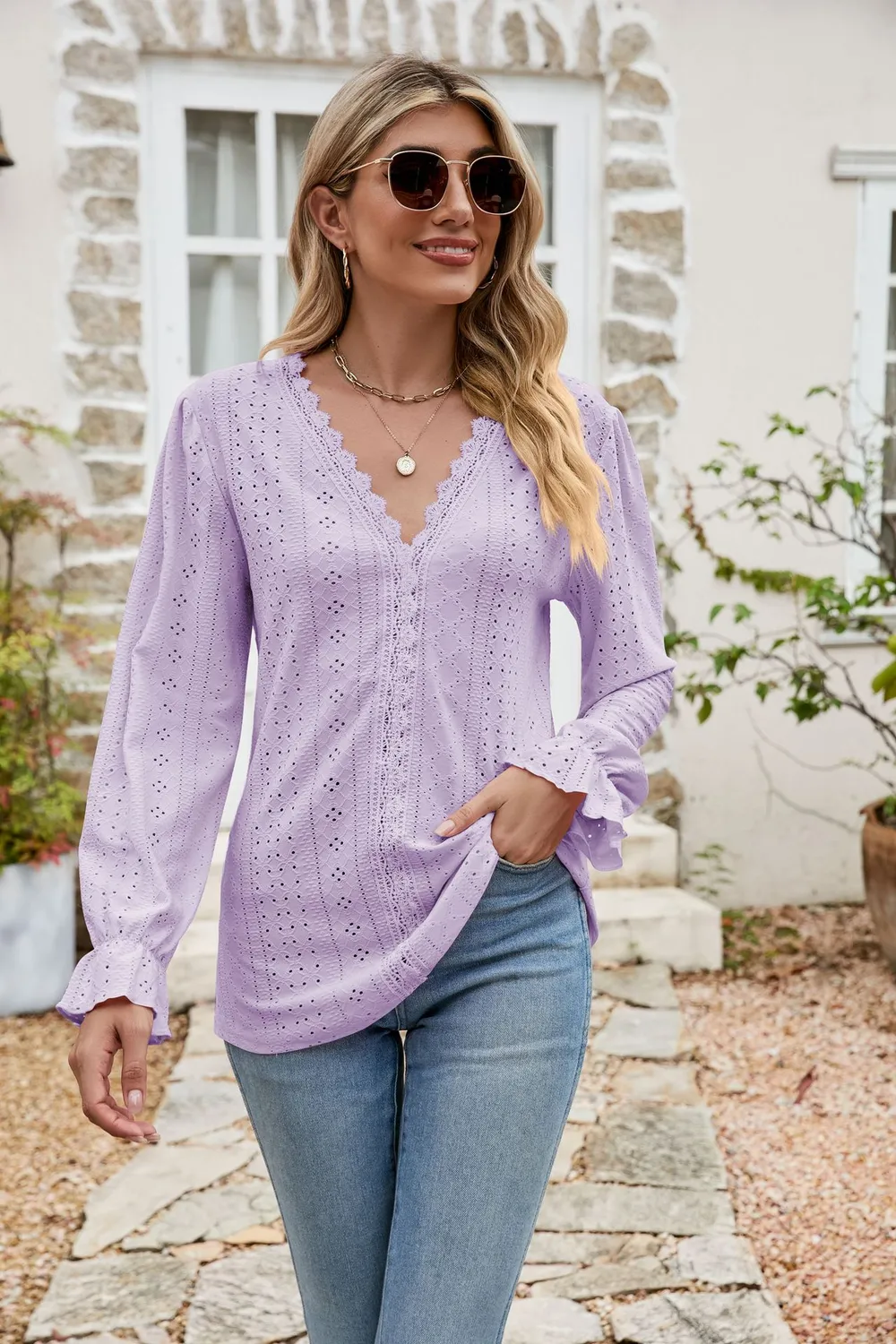 Eyelet Lace Trim Flounce Sleeve Blouse, image 2