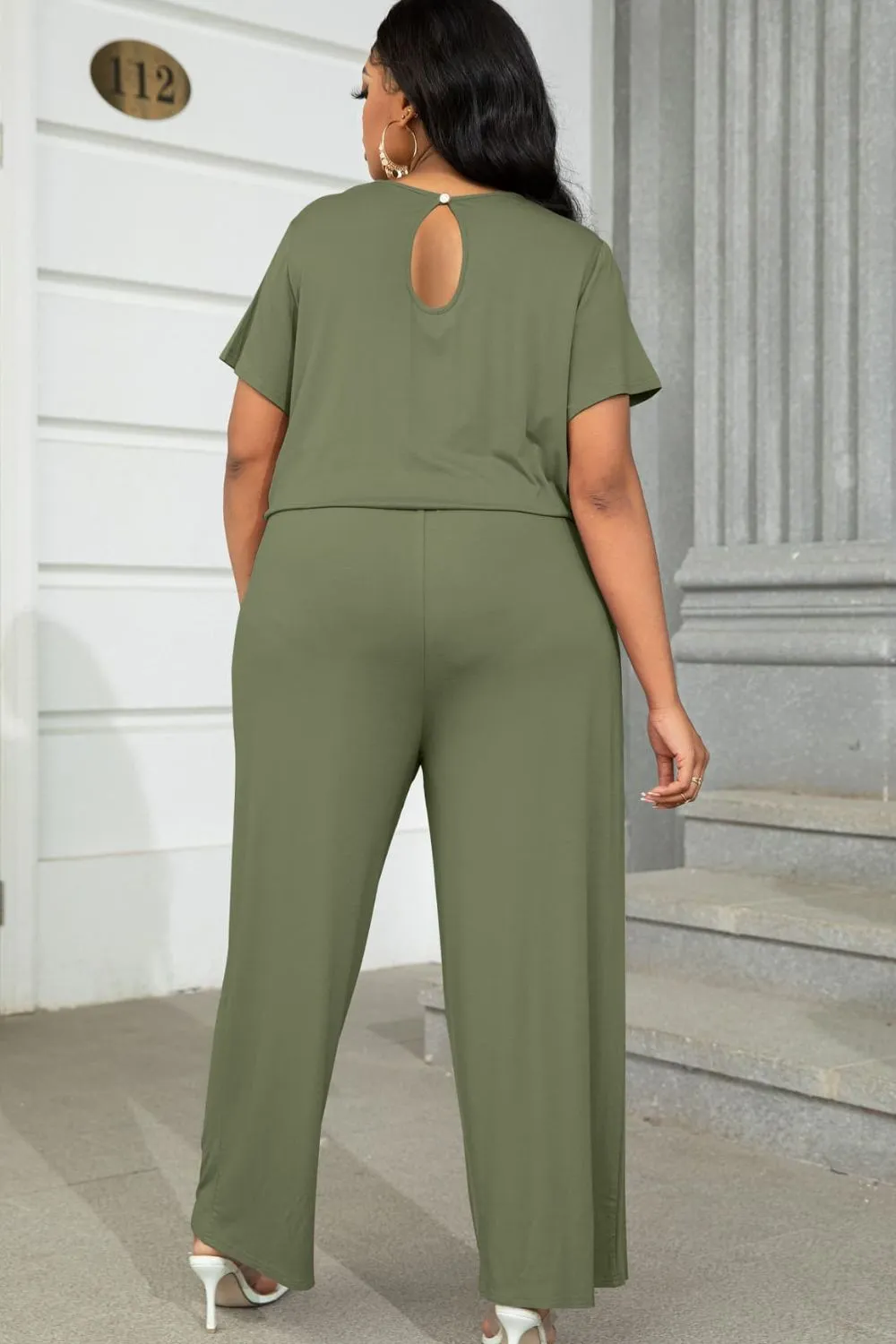 Plus Size Drawstring Waist Short Sleeve Jumpsuit, image 2