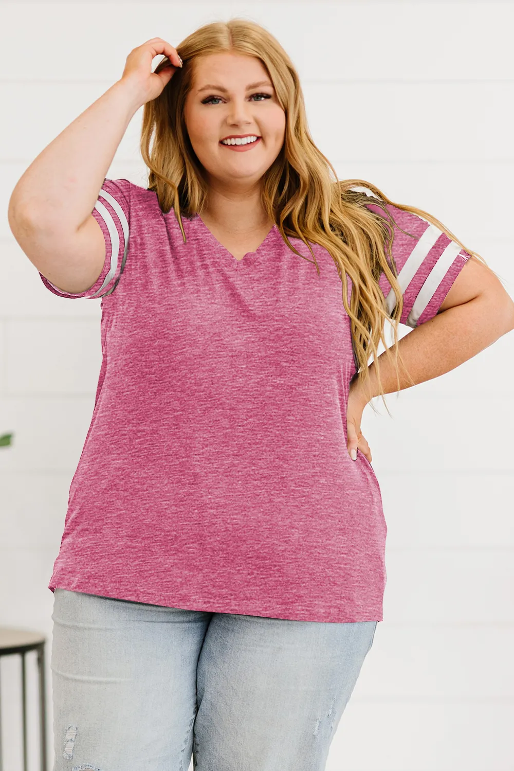 Plus Size Striped V-Neck Tee Shirt, image 2