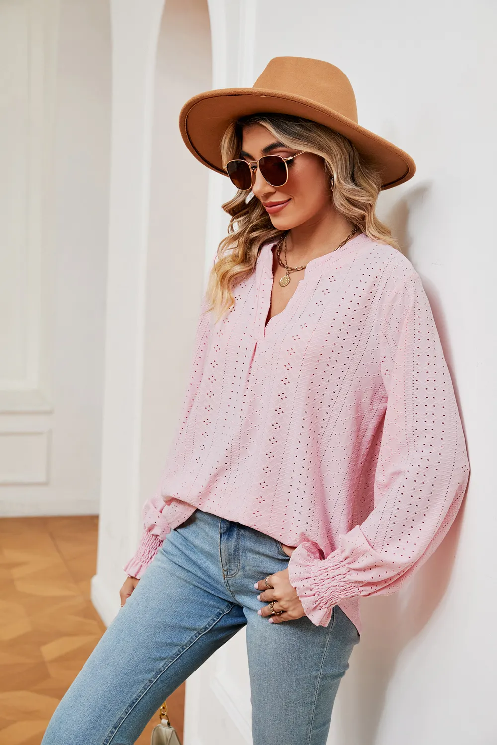 Notched Neck Flounce Sleeve Blouse, image 13