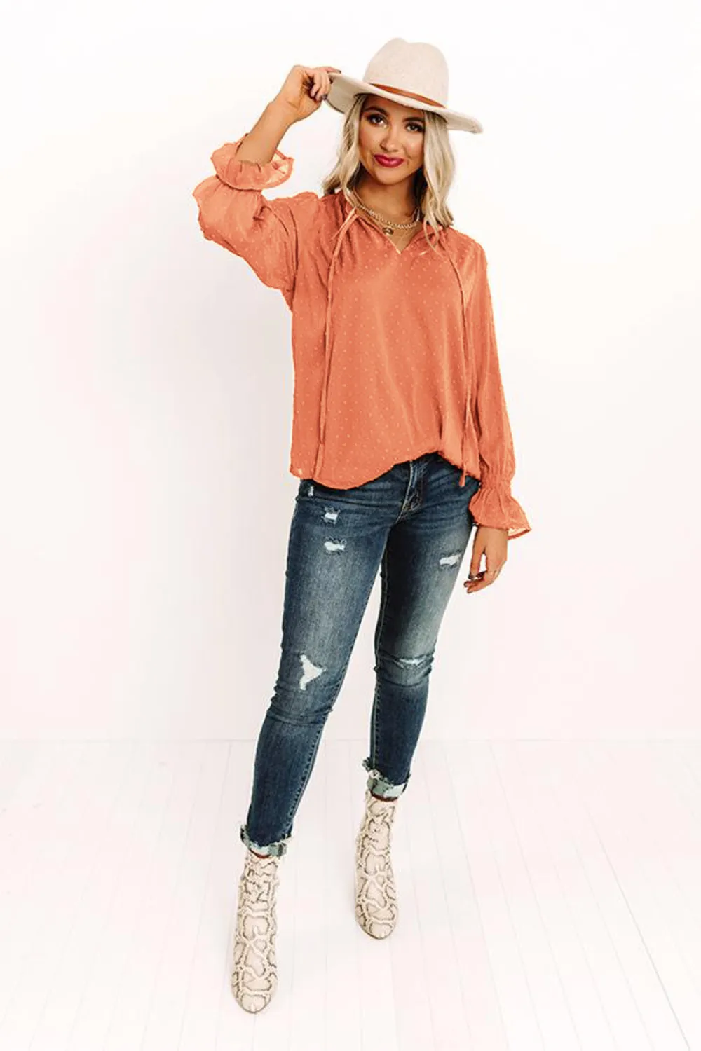 Swiss Dot Tie Neck Flounce Sleeve Blouse, image 2
